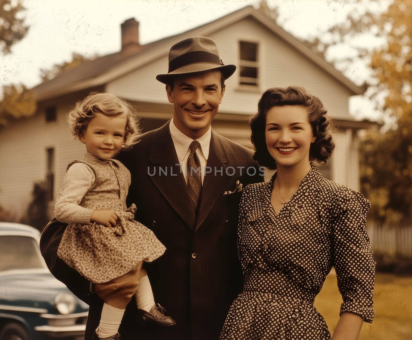 Vintage photo of an American family from the 1940s, 1950s