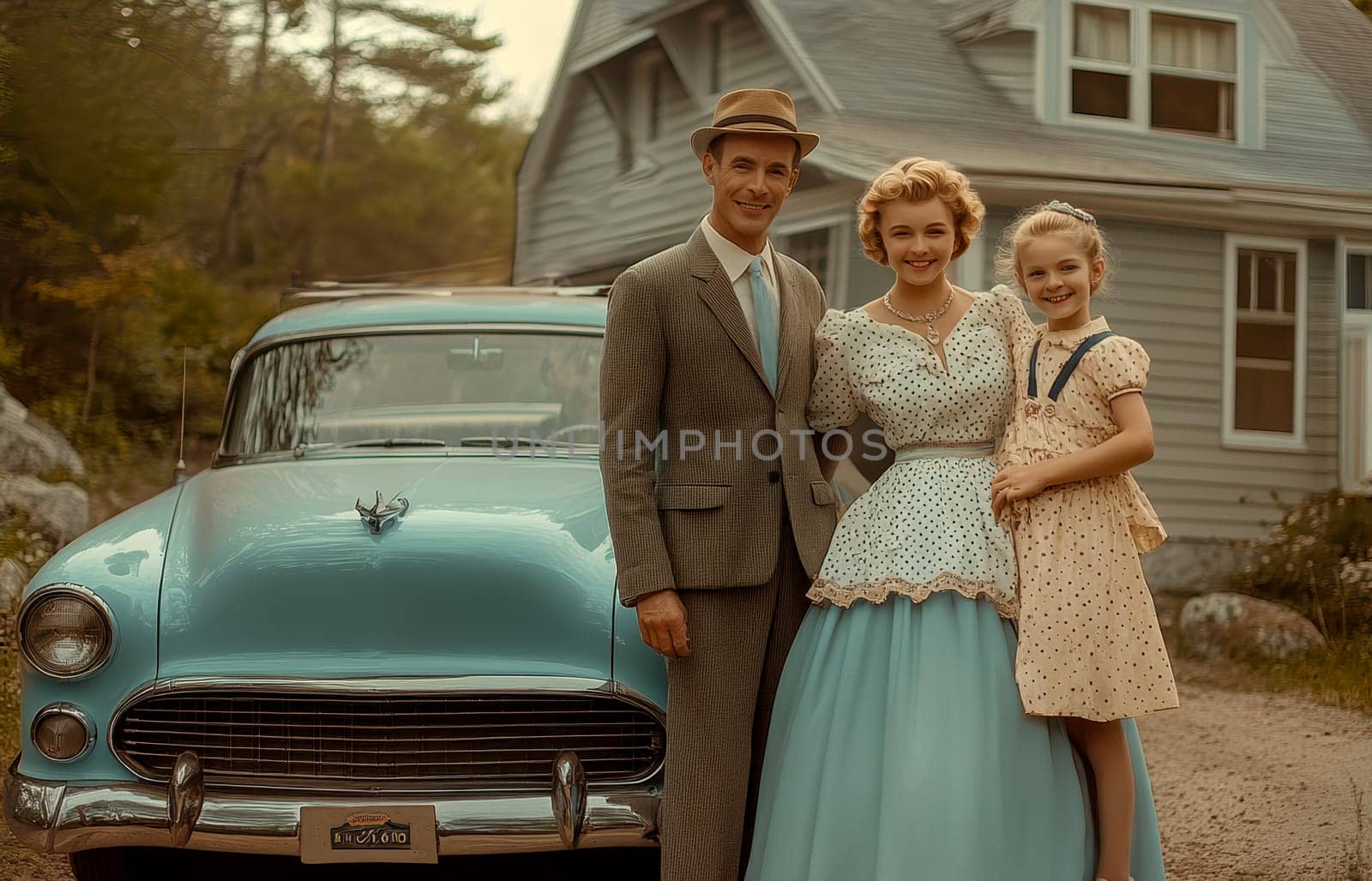 Vintage photo of an American family from the 1940s, 1950s