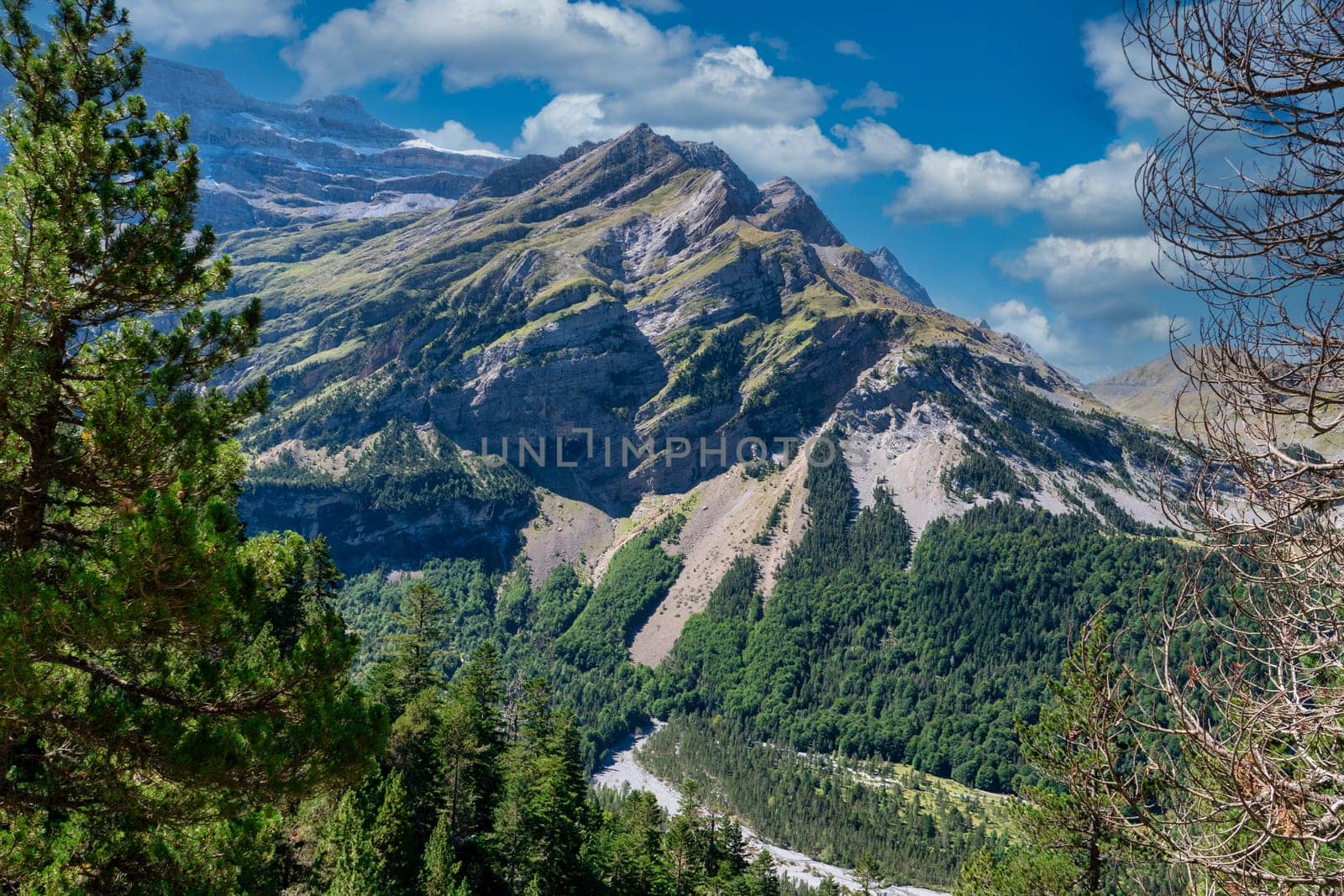 A mountain range with a river running through it. The sky is blue and the mountains are covered in trees