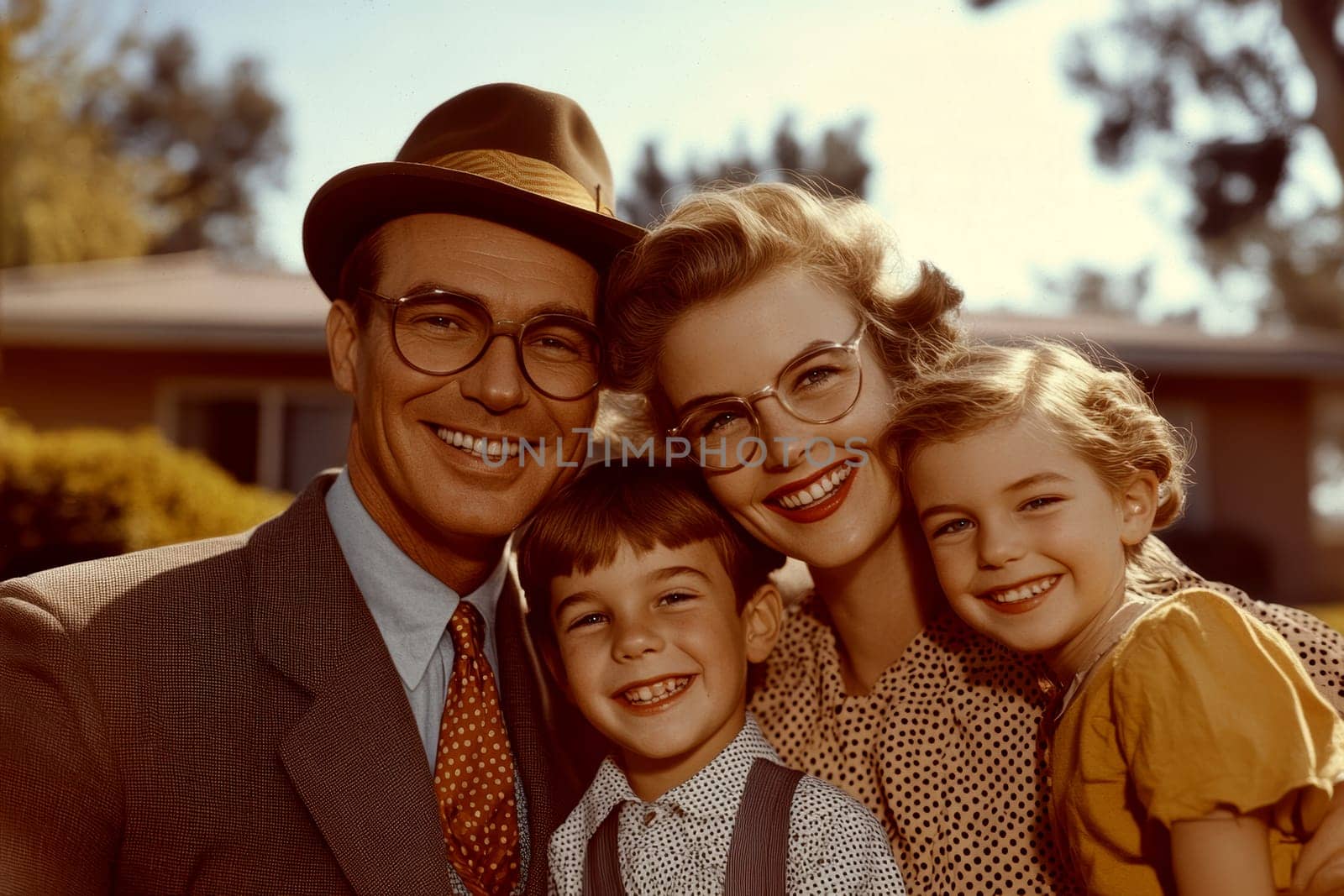Vintage photo of an American family from the 1940s, 1950s