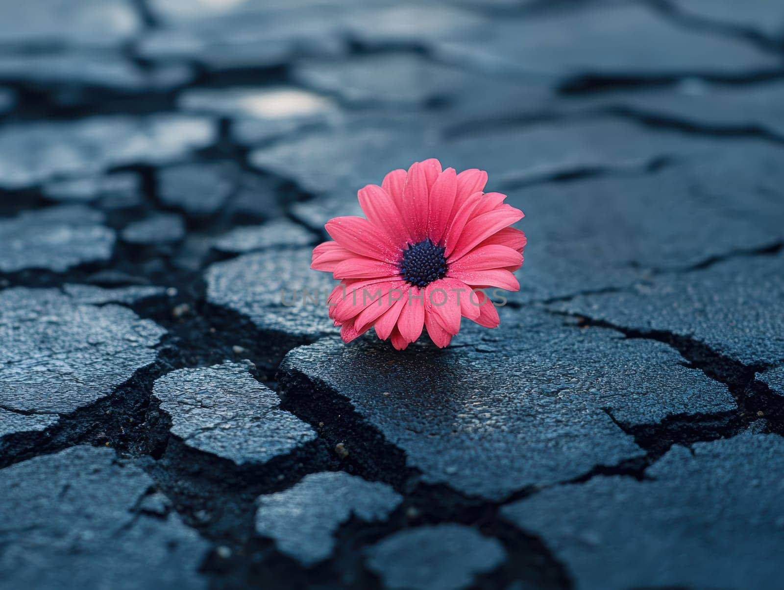 flower blooming amidst the cracks of dark grey granite brickwork of a city street. AI generative.