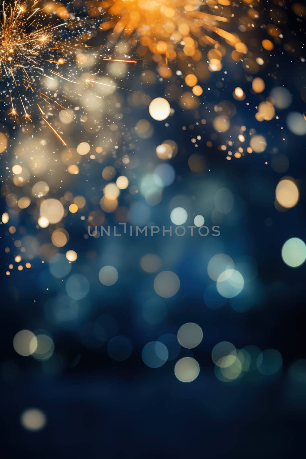 Blue and gold Abstract background and bokeh on New Year's Eve. AI generative.