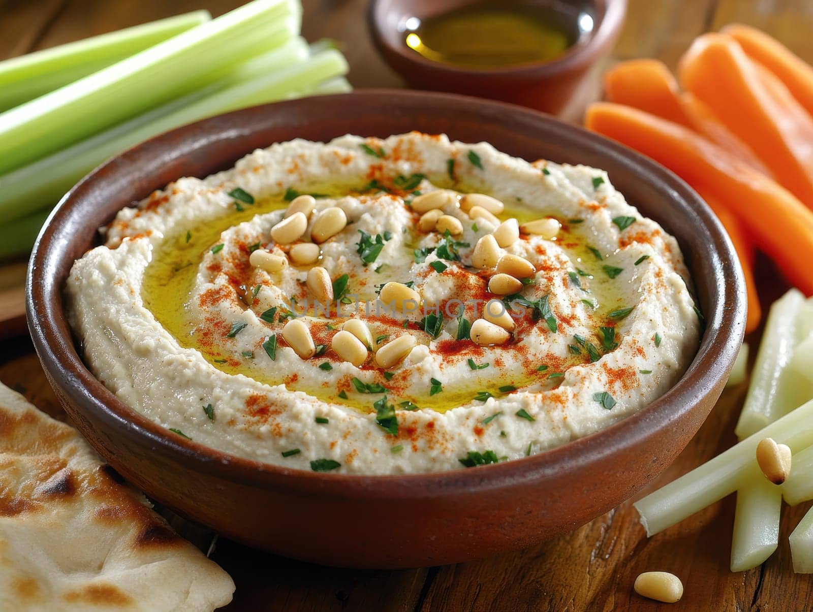 roasted garlic hummus served in bowl topped with paprika, flat parsely and roasted pine . AI generative.