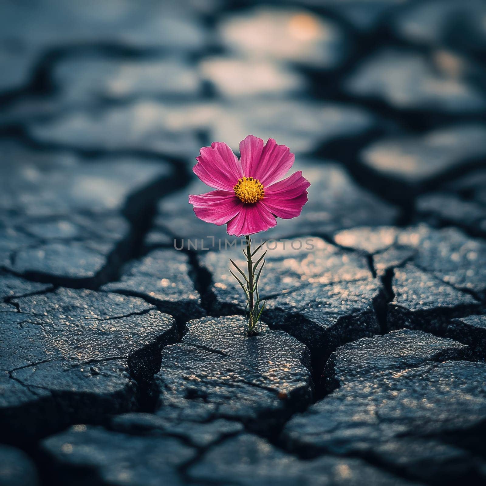 flower blooming amidst the cracks of dark grey granite brickwork of a city street. AI generative.