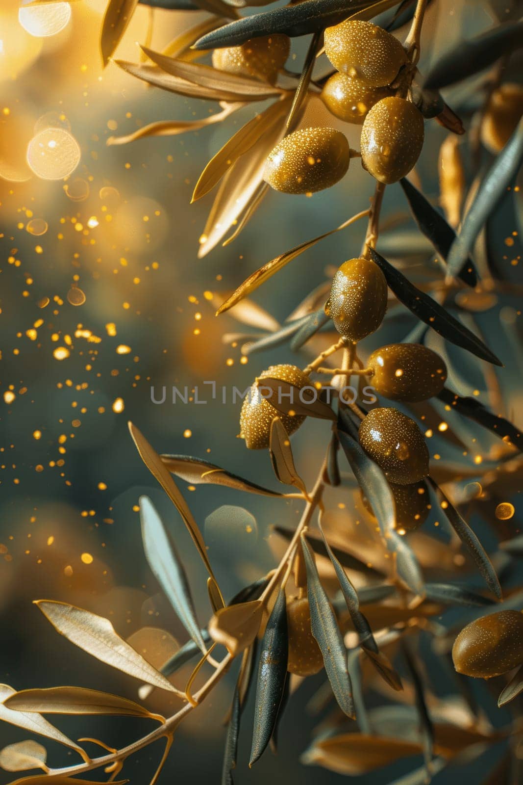 Olive oil, olives and olive branches. AI generative.