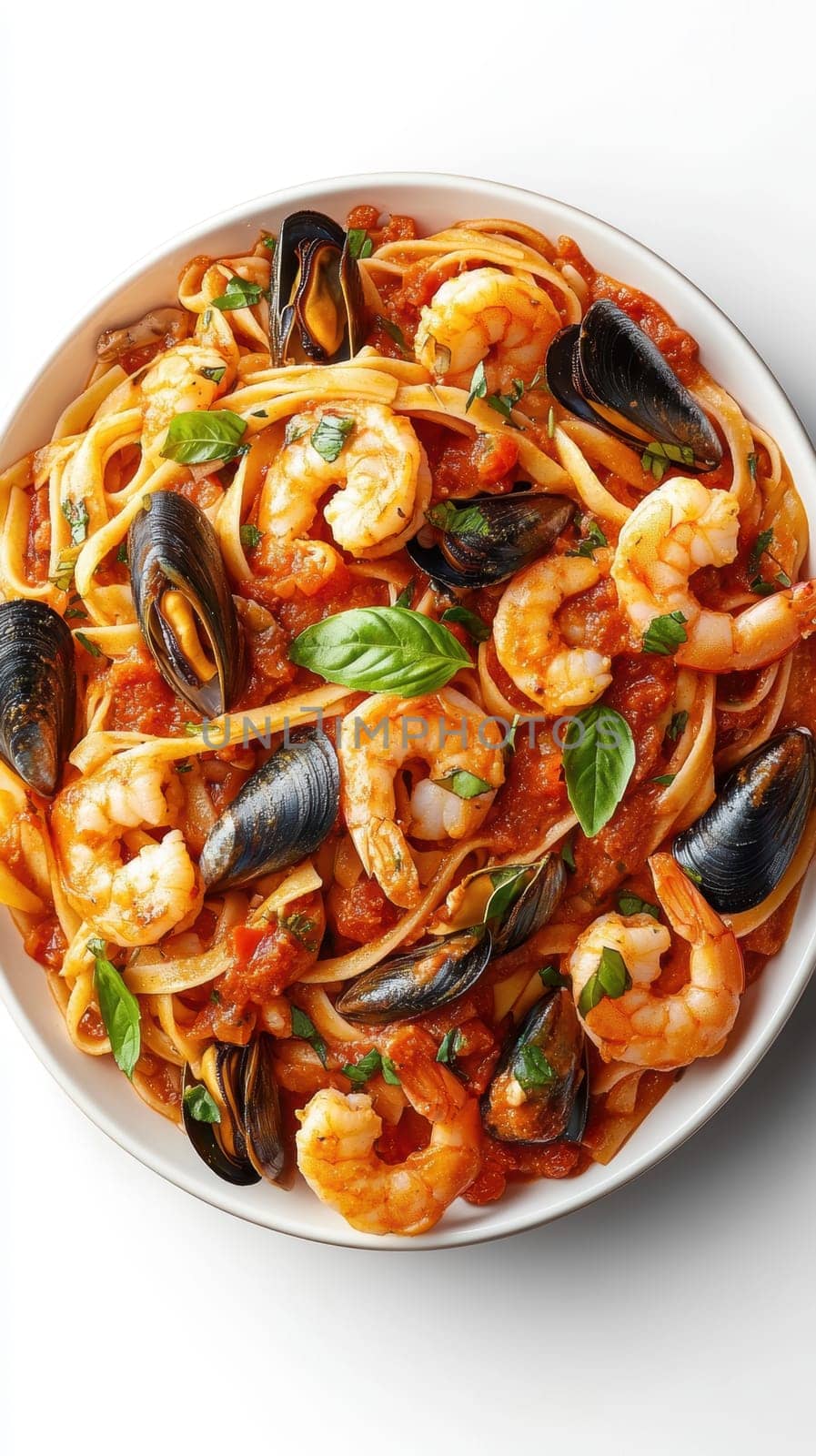 Pasta with seafood in tomato sauce, and shrimp and clams. AI generative.