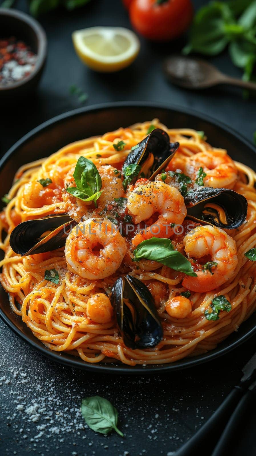 Pasta with seafood in tomato sauce, and shrimp and clams. AI generative.