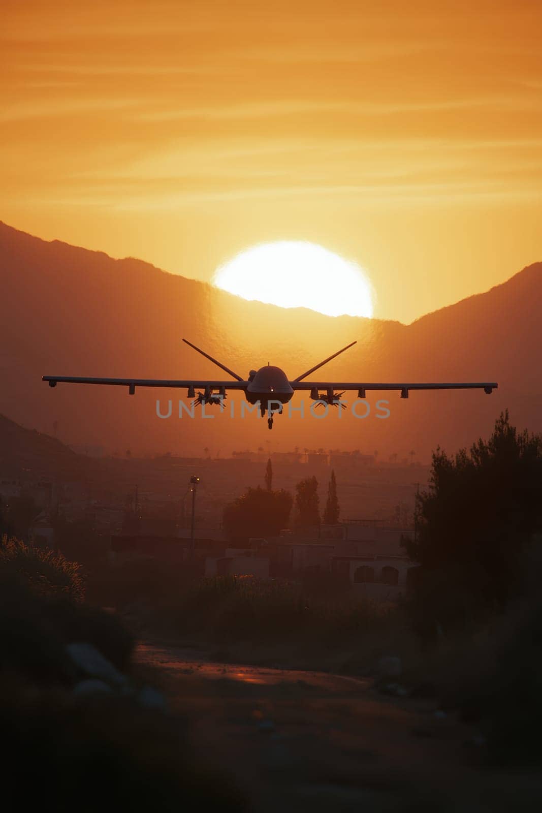 Silhouette of a modern military drone. AI generative.