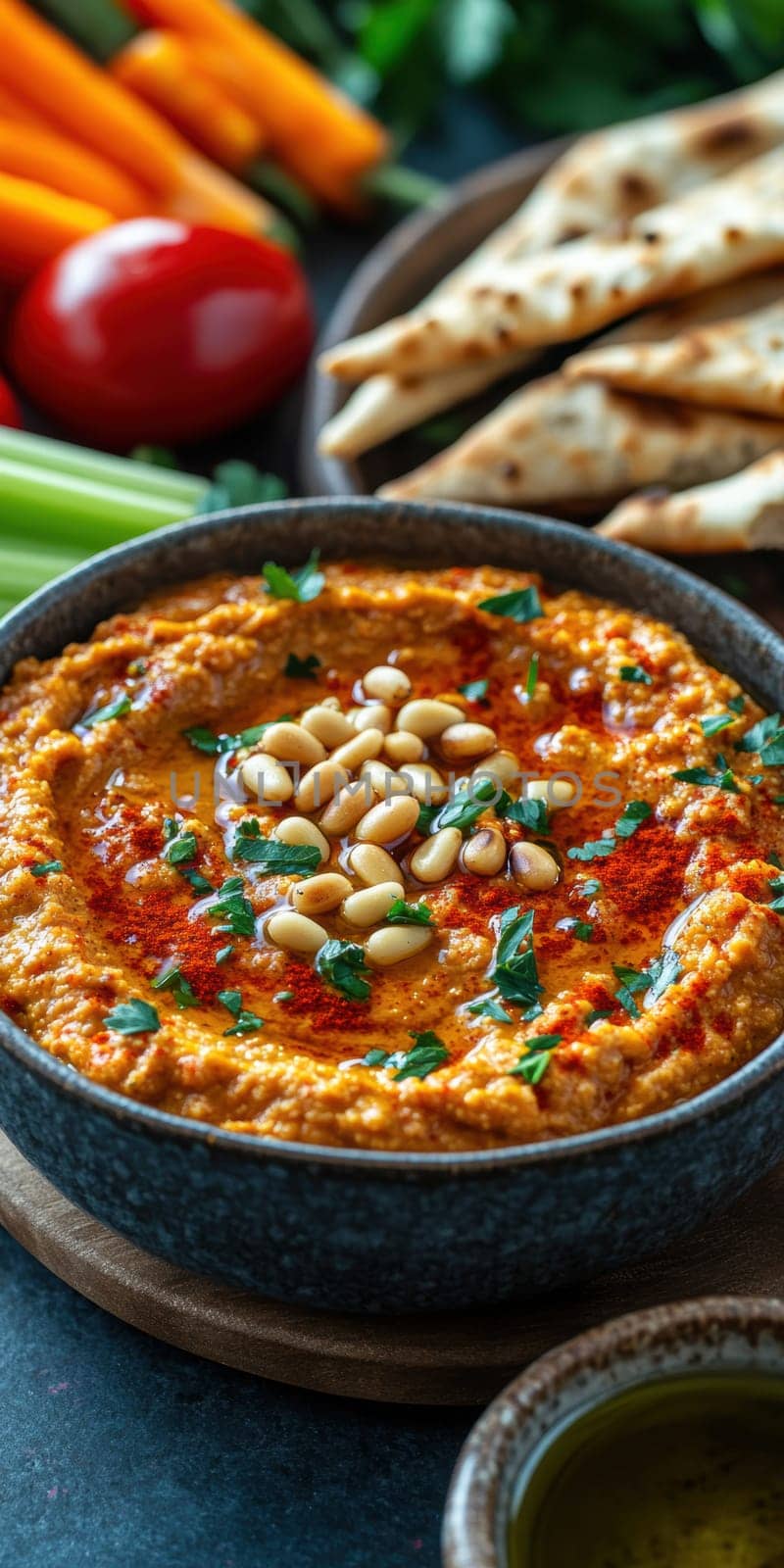 roasted garlic hummus served in bowl topped with paprika, flat parsely and roasted pine . AI generative.