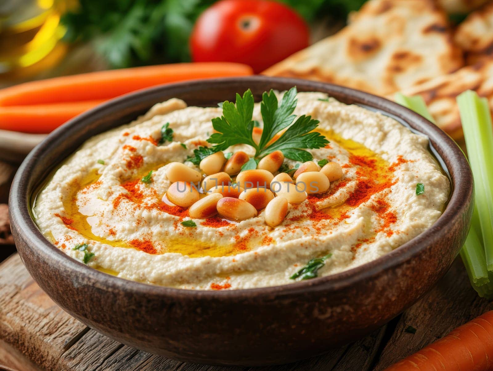 roasted garlic hummus served in bowl topped with paprika, flat parsely and roasted pine . AI generative.