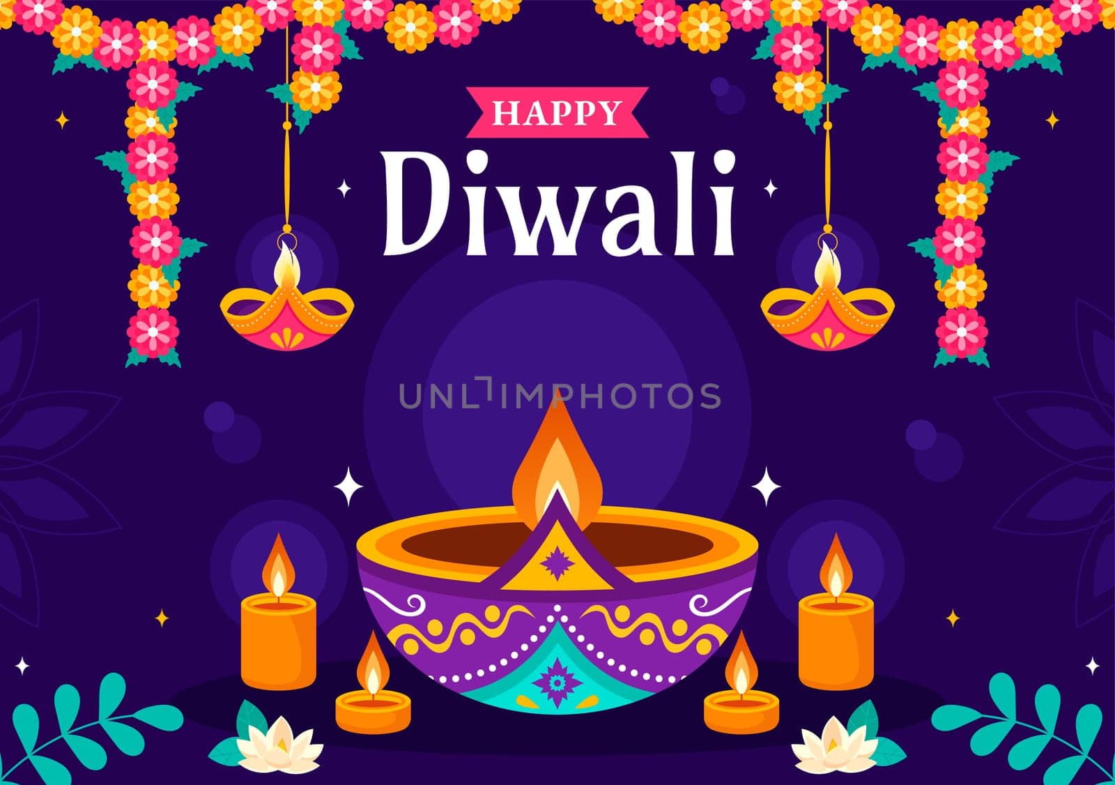 Diwali Festival of Lights Vector Illustration featuring Traditional Indian Rangoli Decoration, Festive Lamp and Fireworks in a Holiday Flat Background