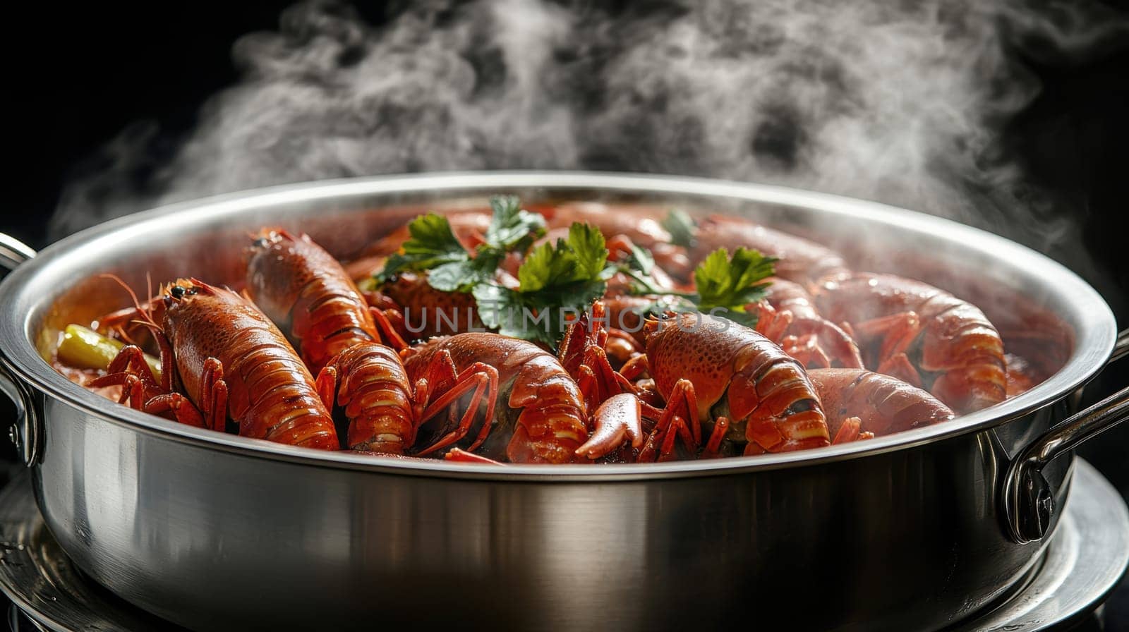 crawfish in a hot pot, full of red sauce . AI generative.