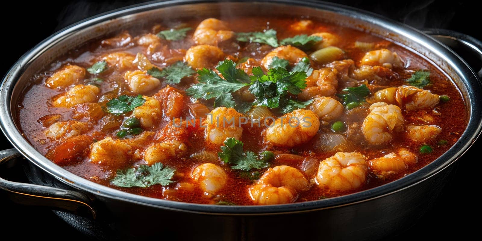 crawfish in a hot pot, full of red sauce . AI generative.