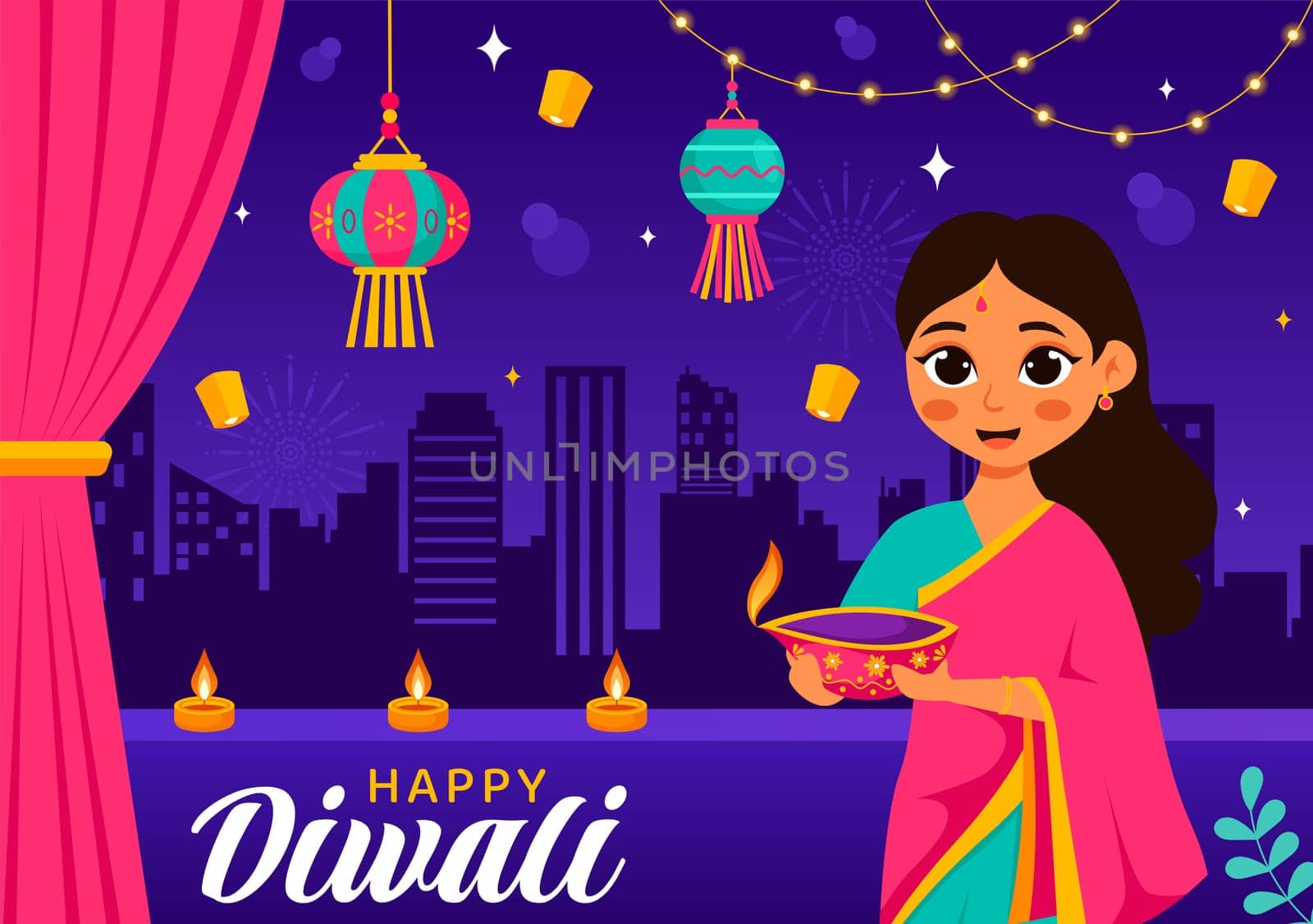 Diwali Festival of Lights Vector Illustration featuring Traditional Indian Rangoli Decoration, Festive Lamp and Fireworks in a Holiday Flat Background