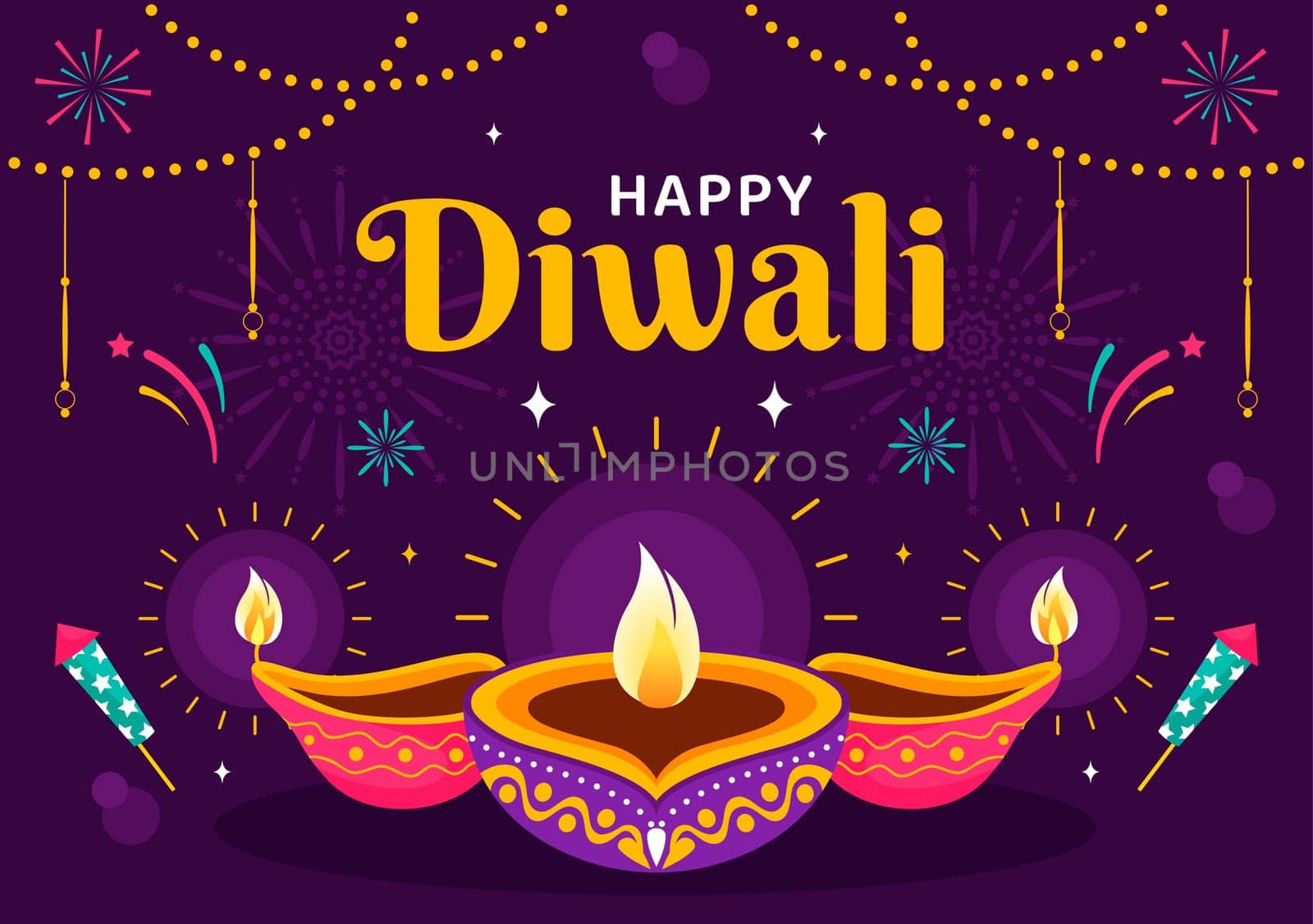 Diwali Festival of Lights Vector Illustration featuring Traditional Indian Rangoli Decoration, Festive Lamp and Fireworks in a Holiday Flat Background