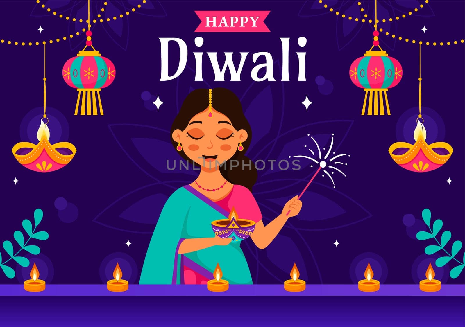 Diwali Festival of Lights Vector Illustration featuring Traditional Indian Rangoli Decoration, Festive Lamp and Fireworks in a Holiday Flat Background