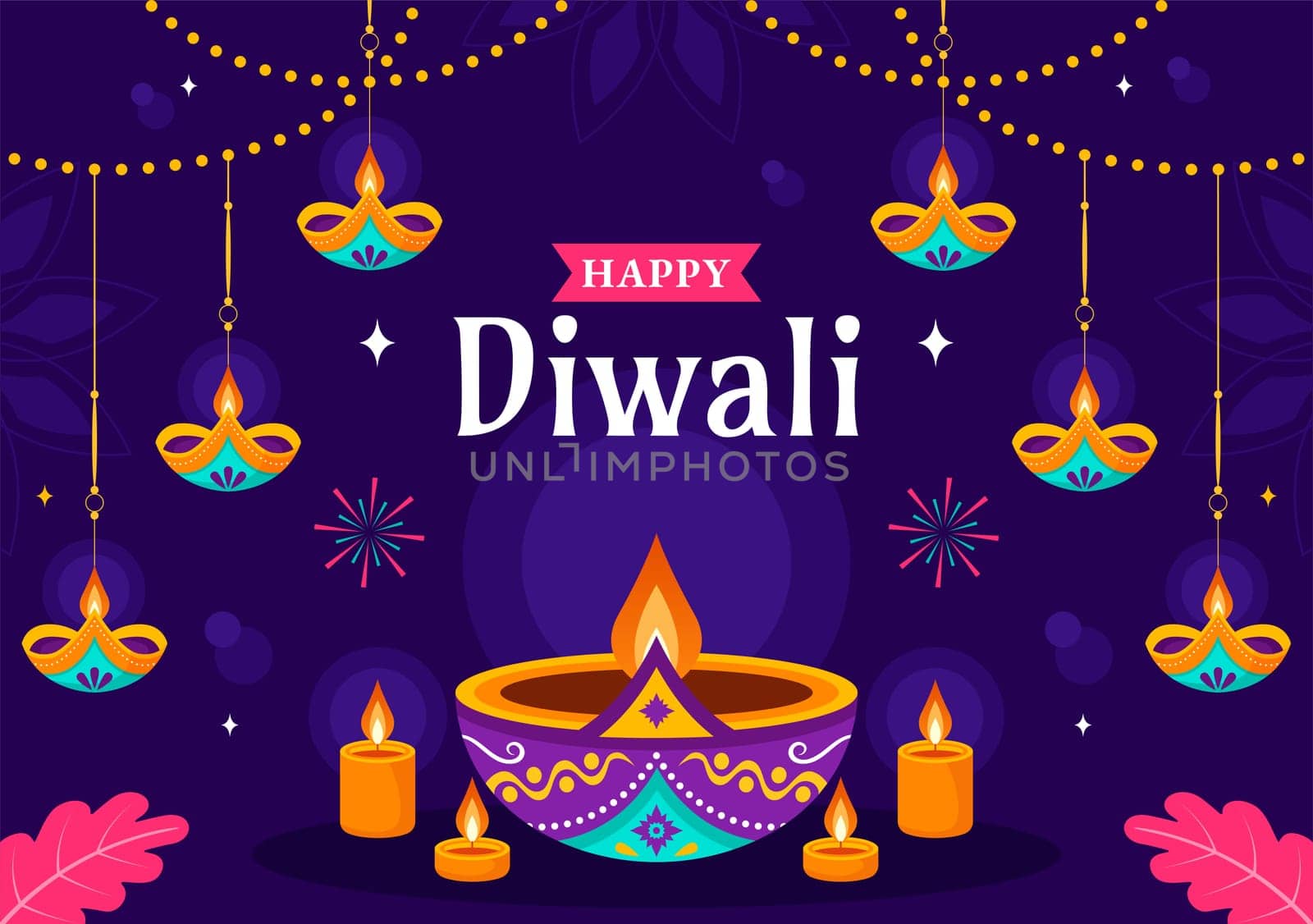 Diwali Festival of Lights Vector Illustration featuring Traditional Indian Rangoli Decoration, Festive Lamp and Fireworks in a Holiday Flat Background