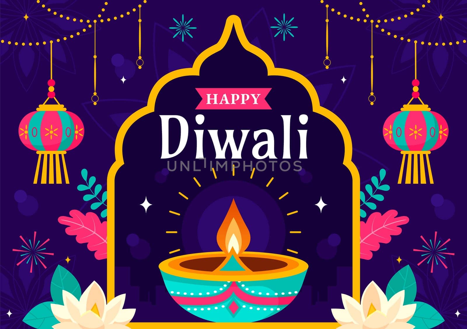 Diwali Festival of Lights Vector Illustration featuring Traditional Indian Rangoli Decoration, Festive Lamp and Fireworks in a Holiday Flat Background