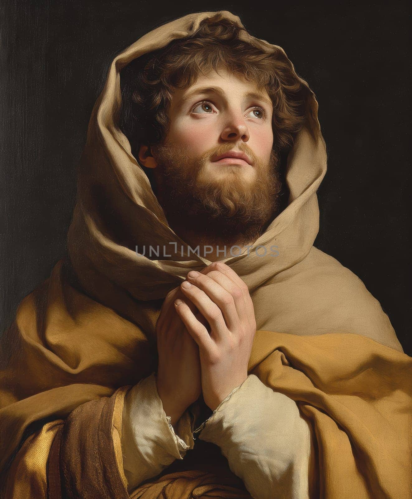 st Francis of Assisi, young man, monk, beard, brown clothing, AI generative.