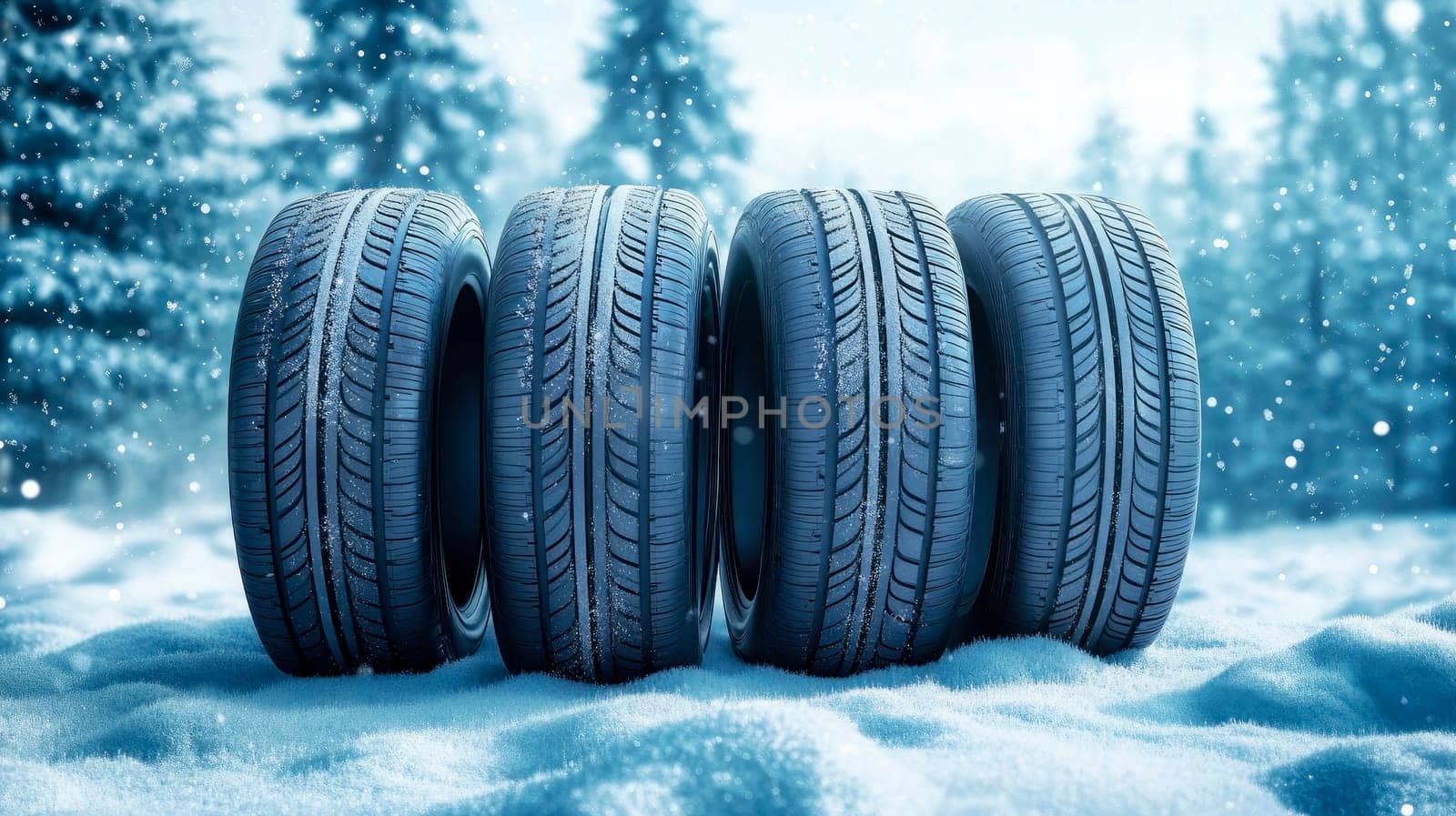 Four tires standing on the snow on a winter background with a forest in a blizzard. AI generated