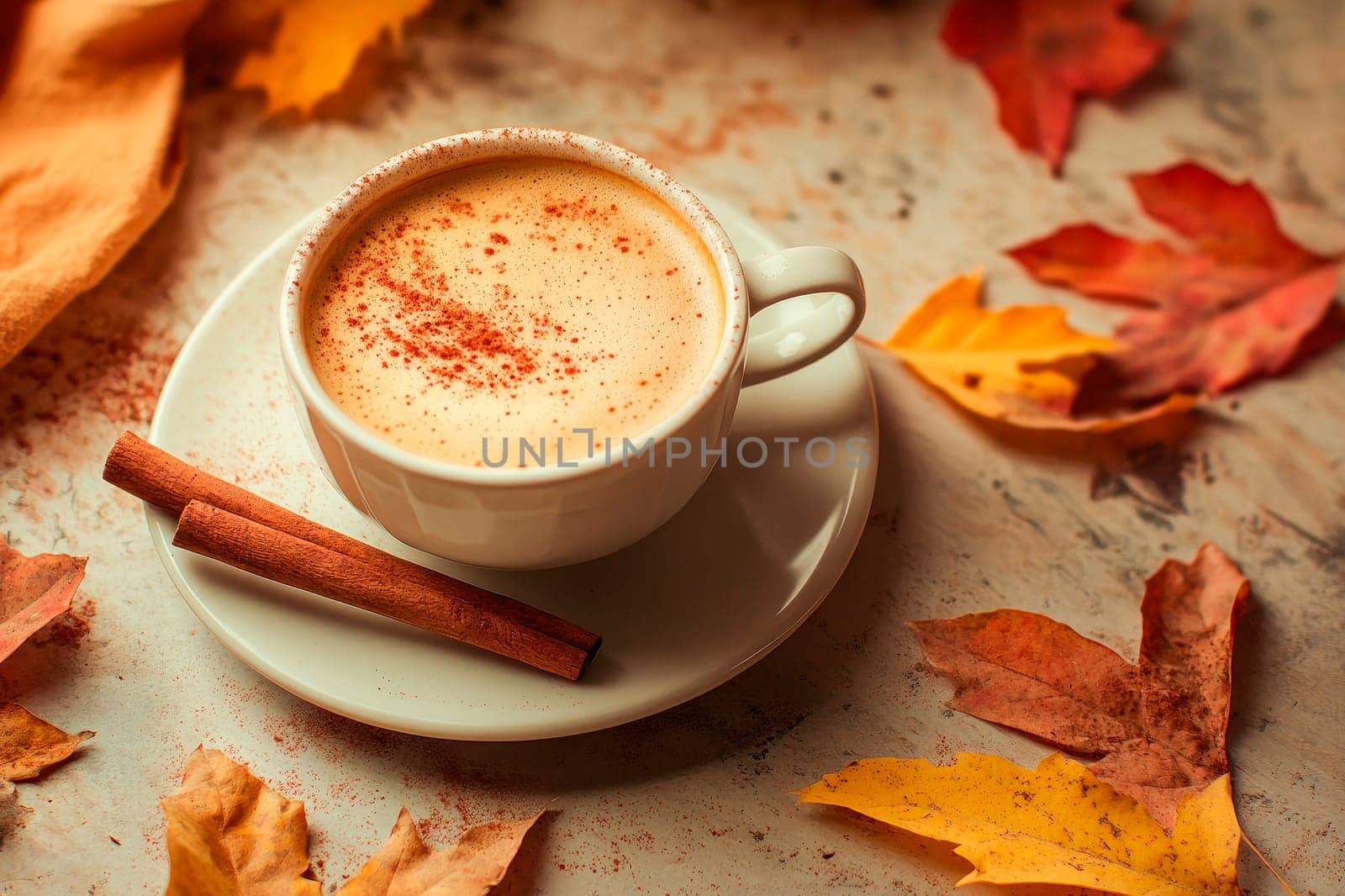 A cup of hot cappuccino with cinnamon sticks and autumn leaves on the table. Autumn mood, autumn atmosphere. AI generated