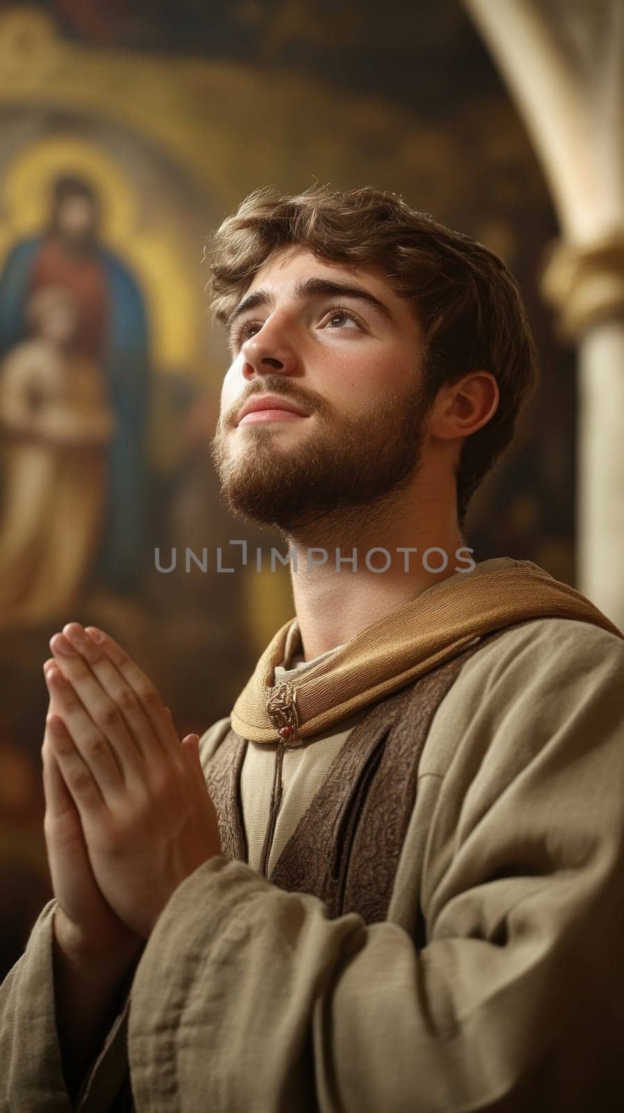 st Francis of Assisi, young man, monk, beard, brown clothing, AI generative.
