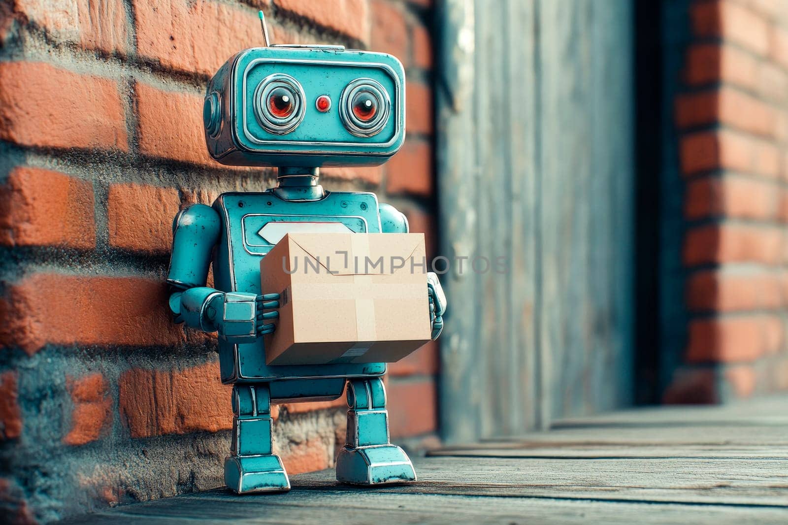 Cute robot carrying delivery box on the street. Automation and logistics concept. AI generated