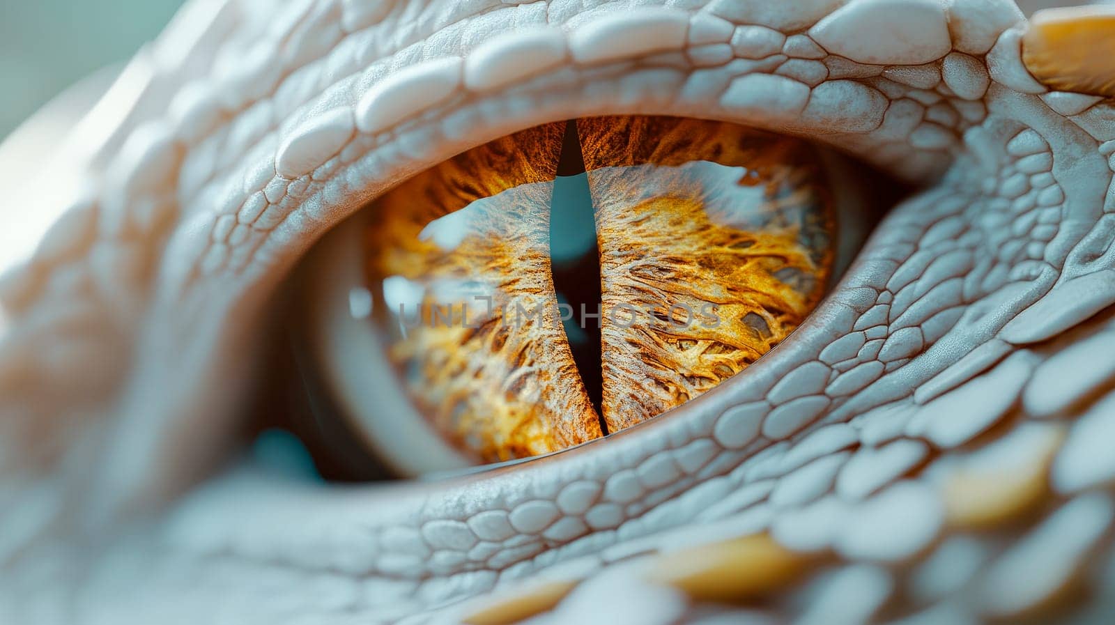 Close-up view of an yellow dragon eye with white scales as background. AI generated
