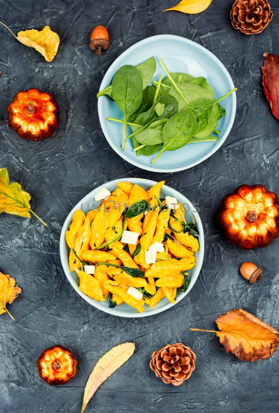 Delicious autumnal dumplings with Hokkaido pumpkin. Top view.