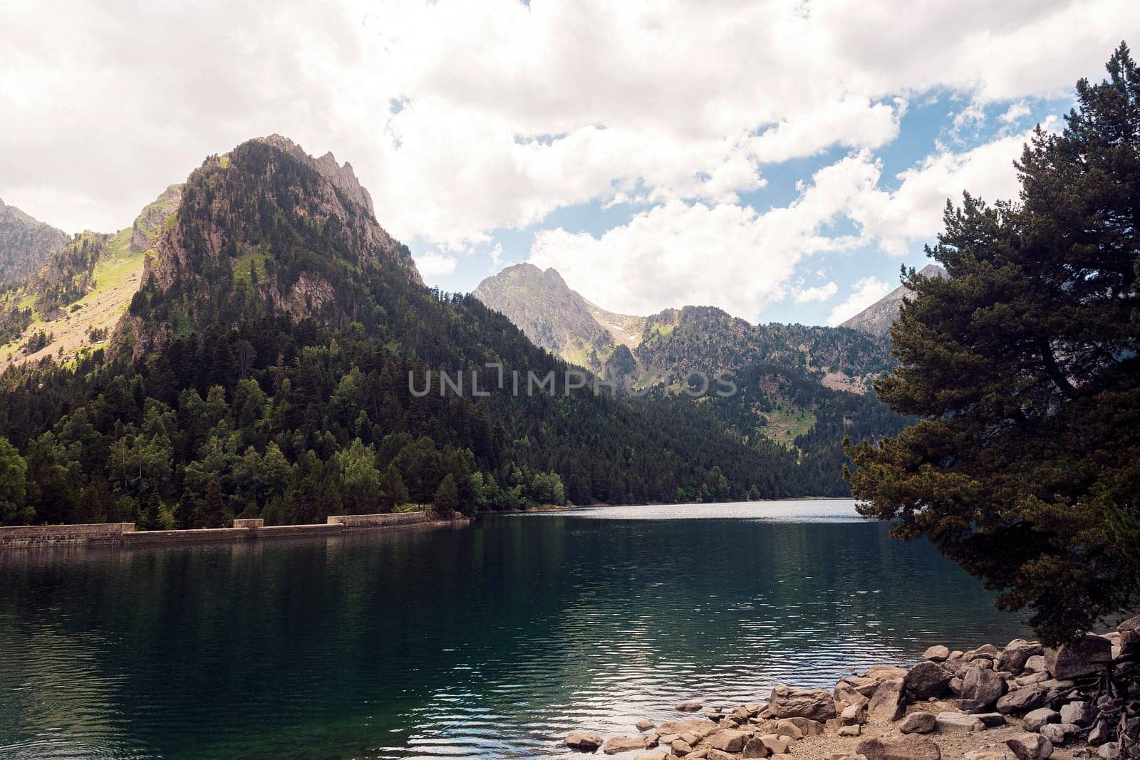 spectacular landscape of calm lake surrounded by massive green mountains and coniferous trees against cloudy sky in Aiguestortes i Estany of Saint Maurici National Park