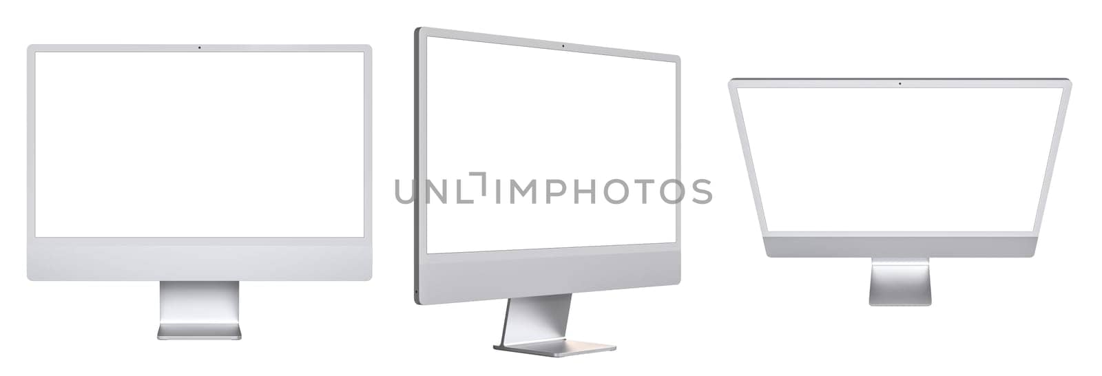 silver monitors blank screens different angles isolated white background
