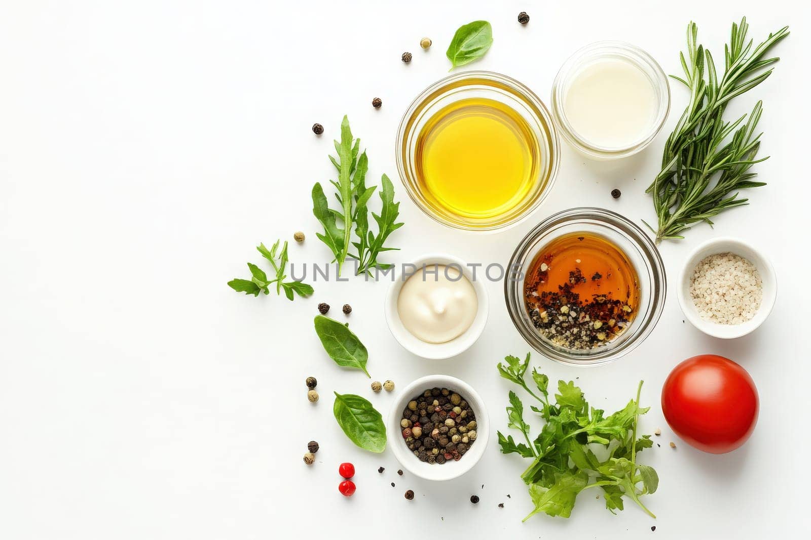 A variety of fresh ingredients for Caesar salad are displayed, including greens, sauces, and seasonings on a white background.