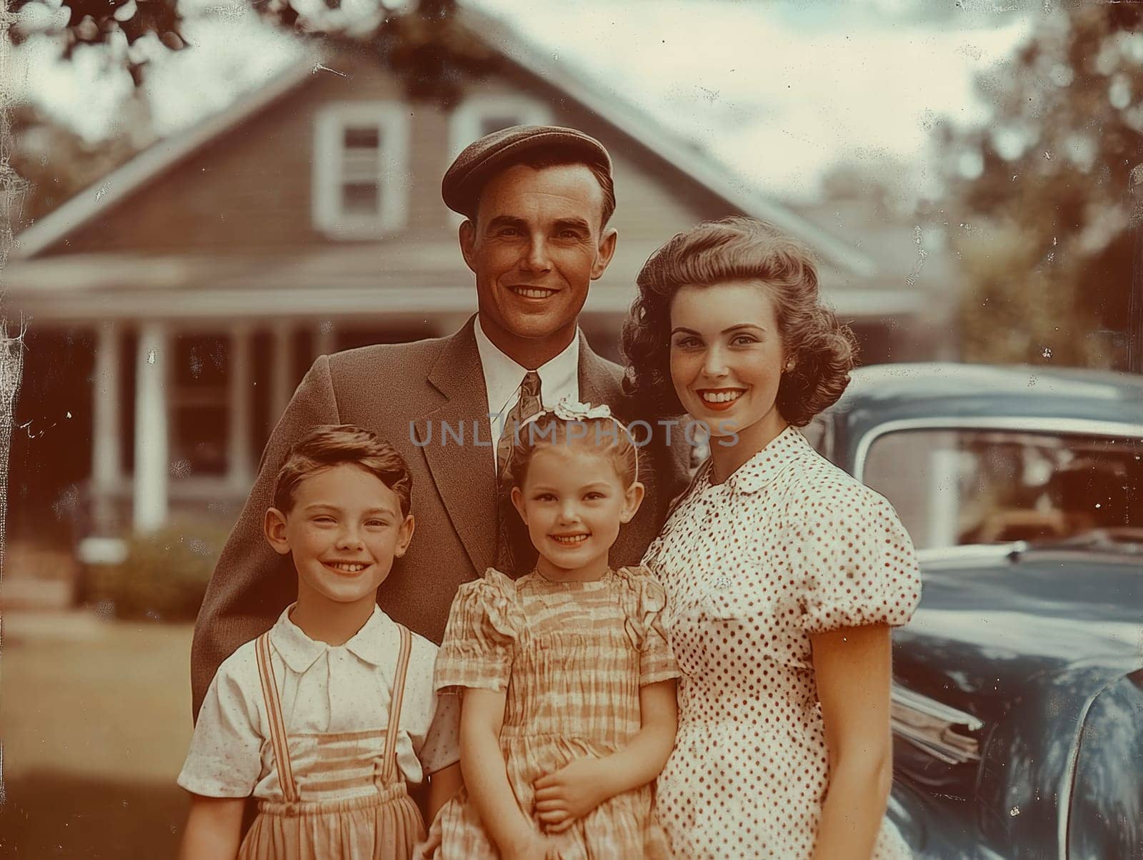 Vintage photo of an American family from the 1940s, 1950s