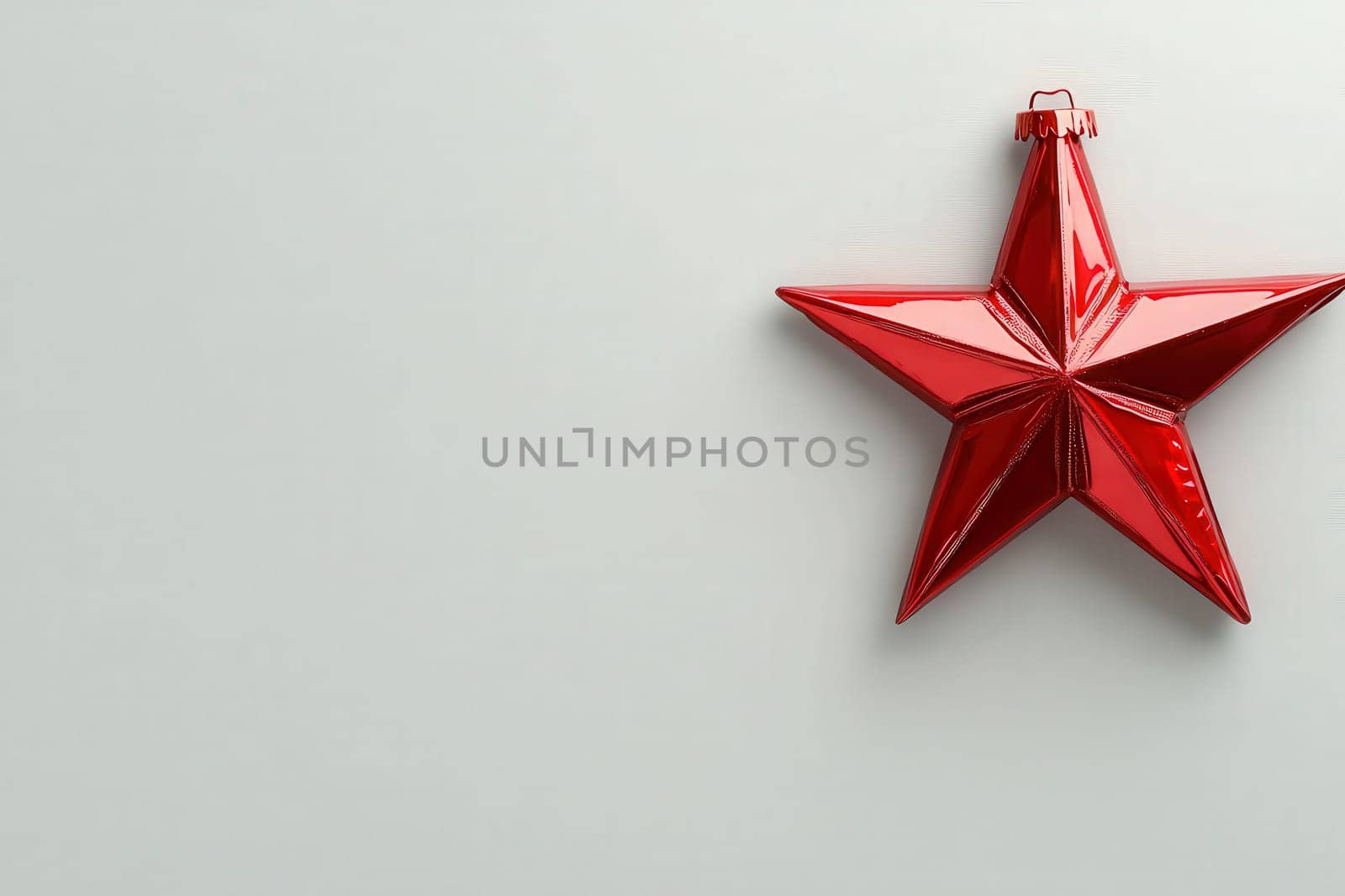 A bright red Christmas star ornament is displayed, hanging gracefully against a plain, solid background, embodying the festive spirit of the holiday season with its striking color and shape.