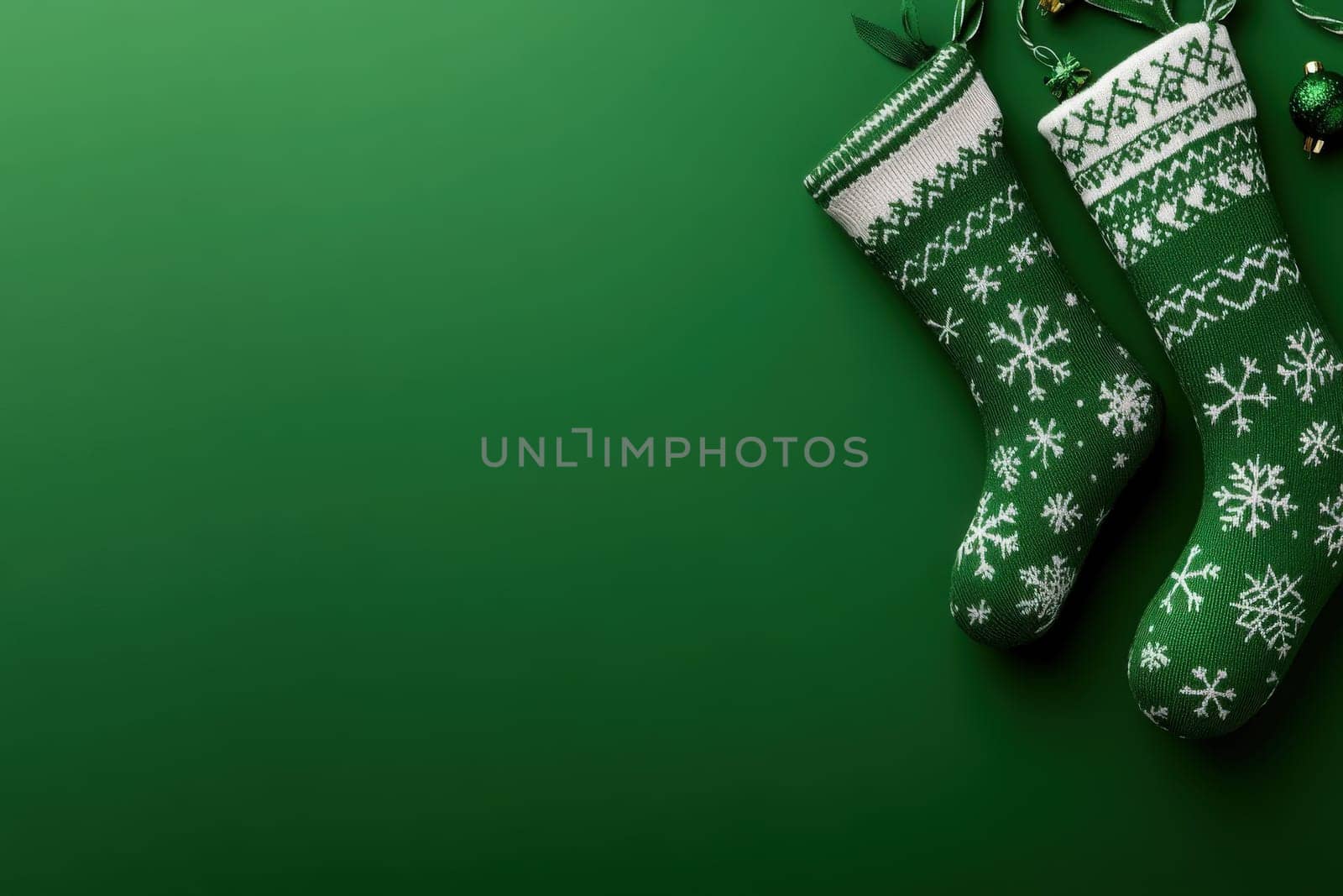Two green Christmas stockings with white snowflake designs hang against a clean, solid background, adding a festive touch. They are ready to be filled with holiday treats and surprises.