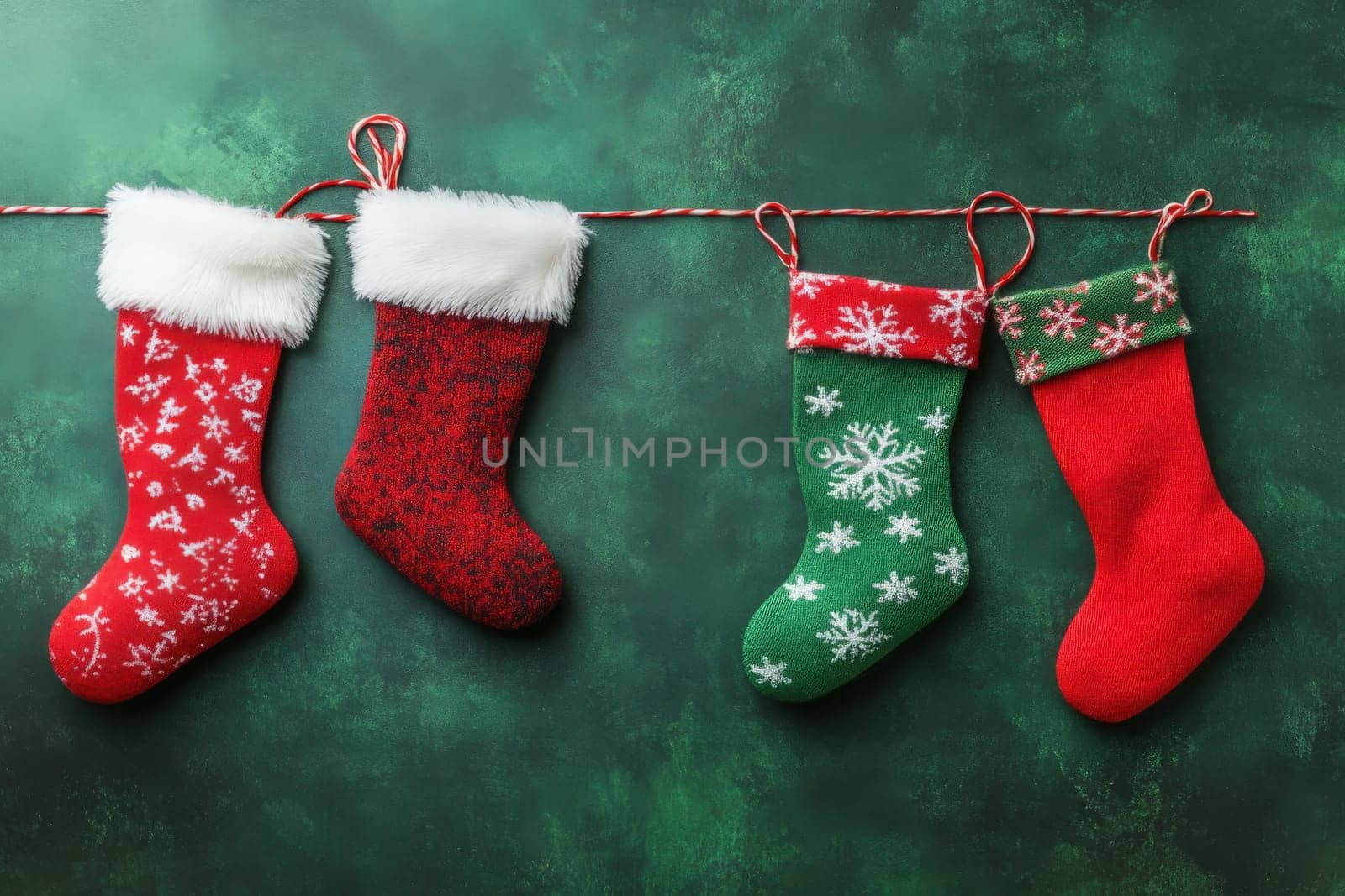 Vibrant Christmas stockings in red and green, adorned with snowflake patterns, hang on a decorative string. The clean backdrop adds a joyous touch, perfect for the holiday season.