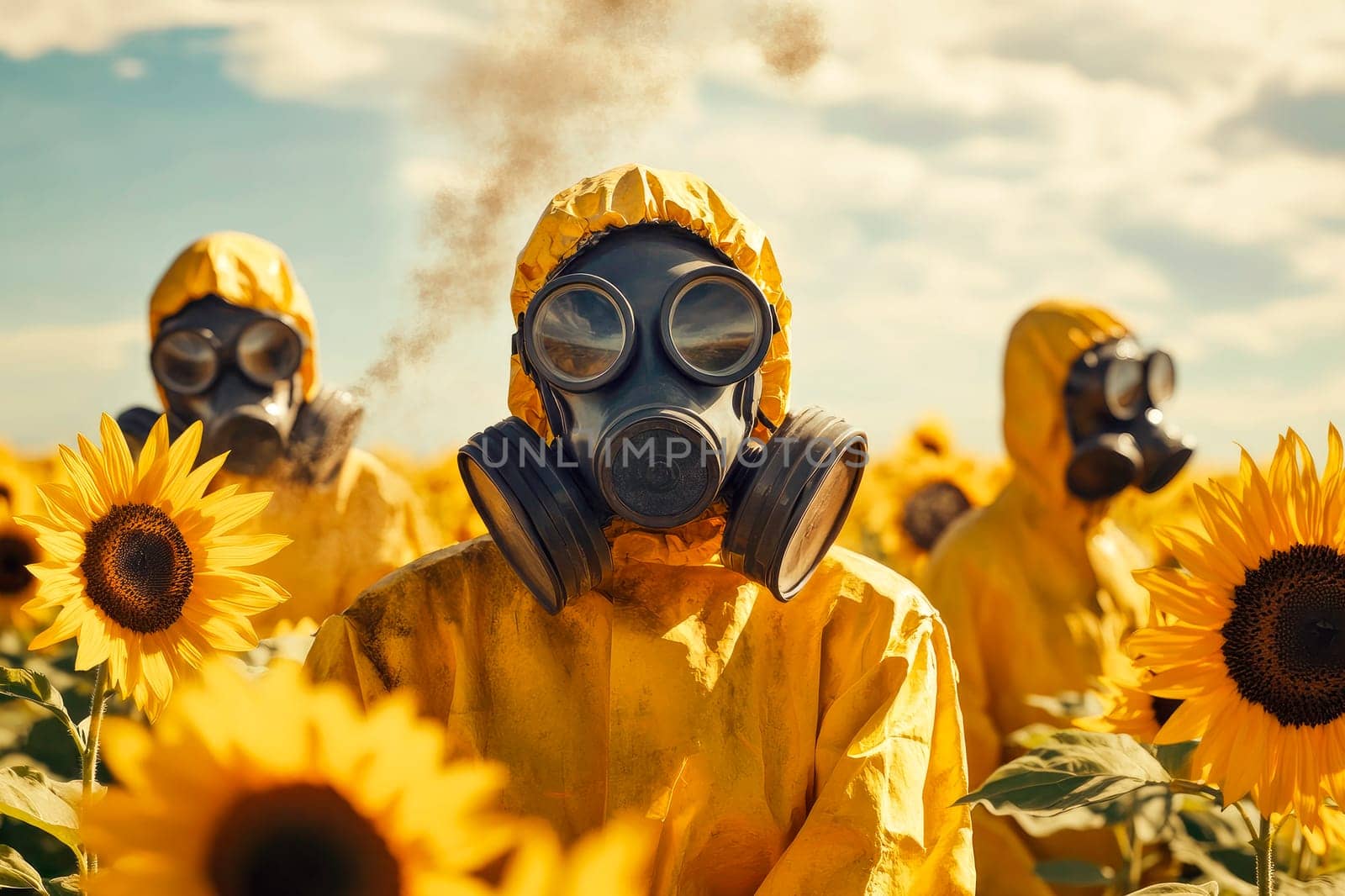 Creepy janitors wearing gas masks in a field of sunflowers. AI generated