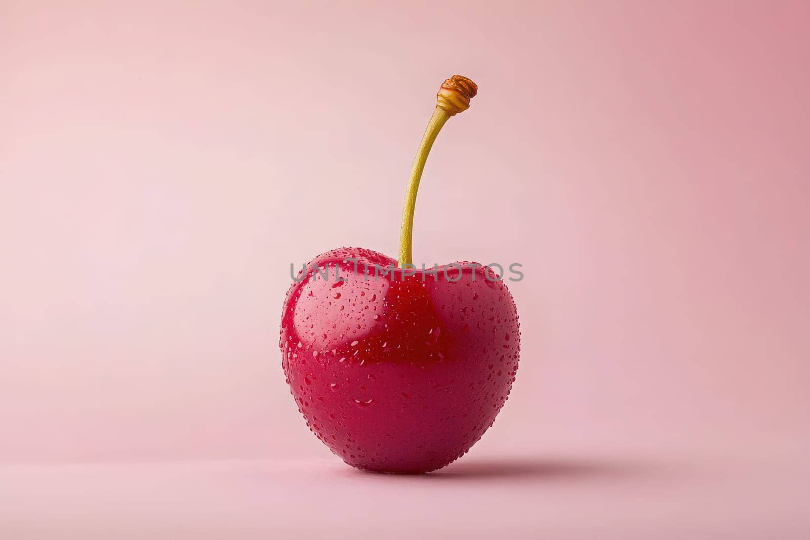 A vibrant cherry, glistening with droplets of water, stands upright on a soft pink backdrop. Its fresh appearance invites a sense of sweetness and natural beauty.