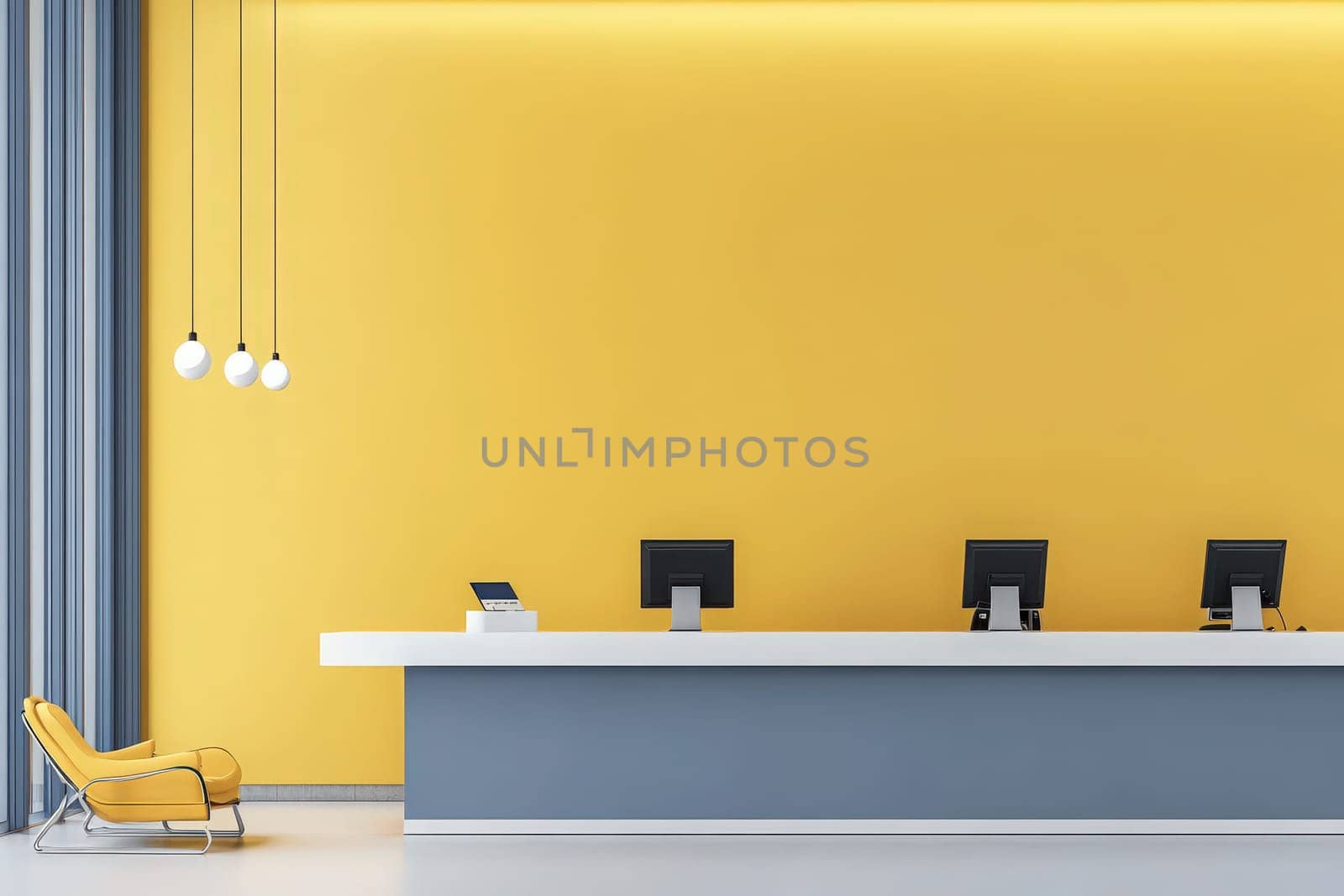 The car rental counter showcases a clean minimalist design with a bright yellow wall and functional lighting. Three monitors sit on a sleek white surface, surrounded by a stylish seating area.