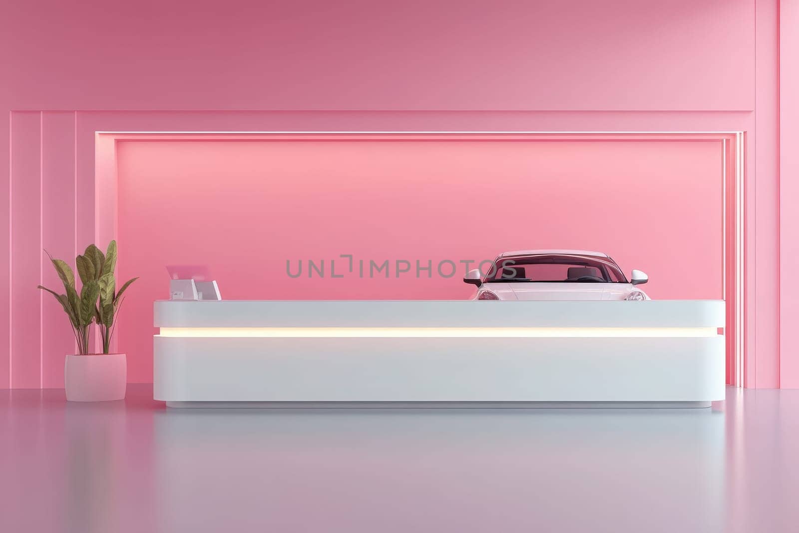 A sleek car rental counter features a clean, minimalist design in a vibrant pink interior, highlighting an inviting atmosphere for customers to pick up their vehicles.