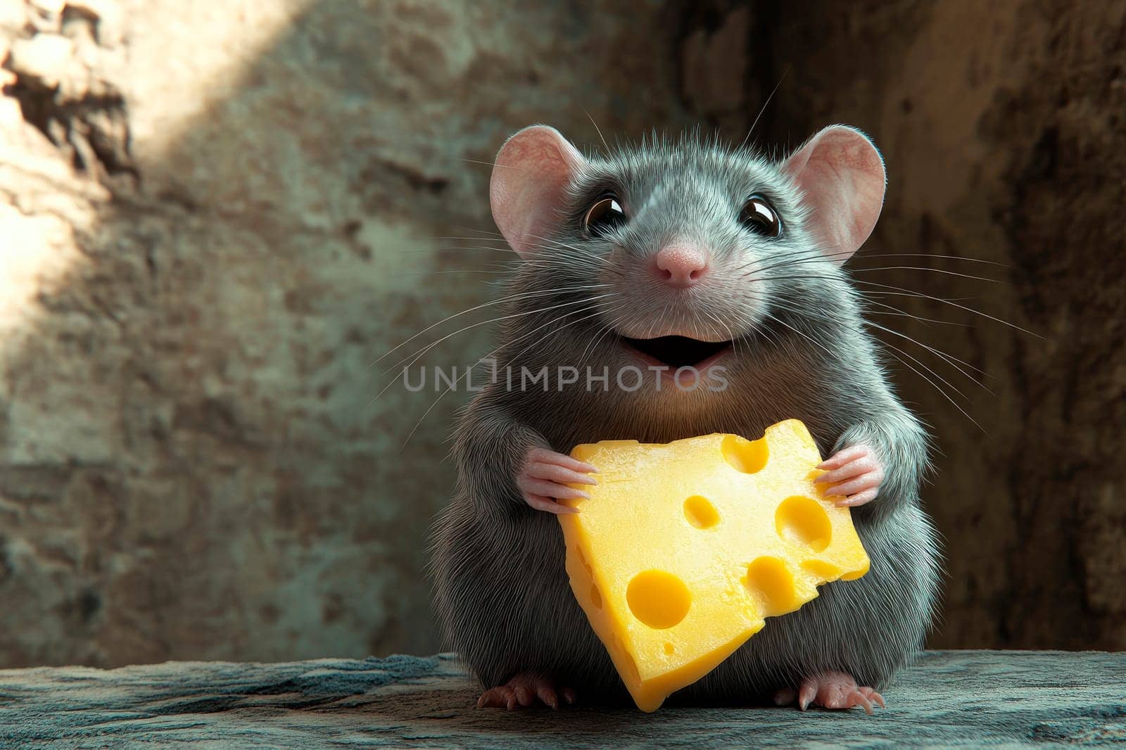 A cute fat rat holding a yellow cheese piece. AI generated