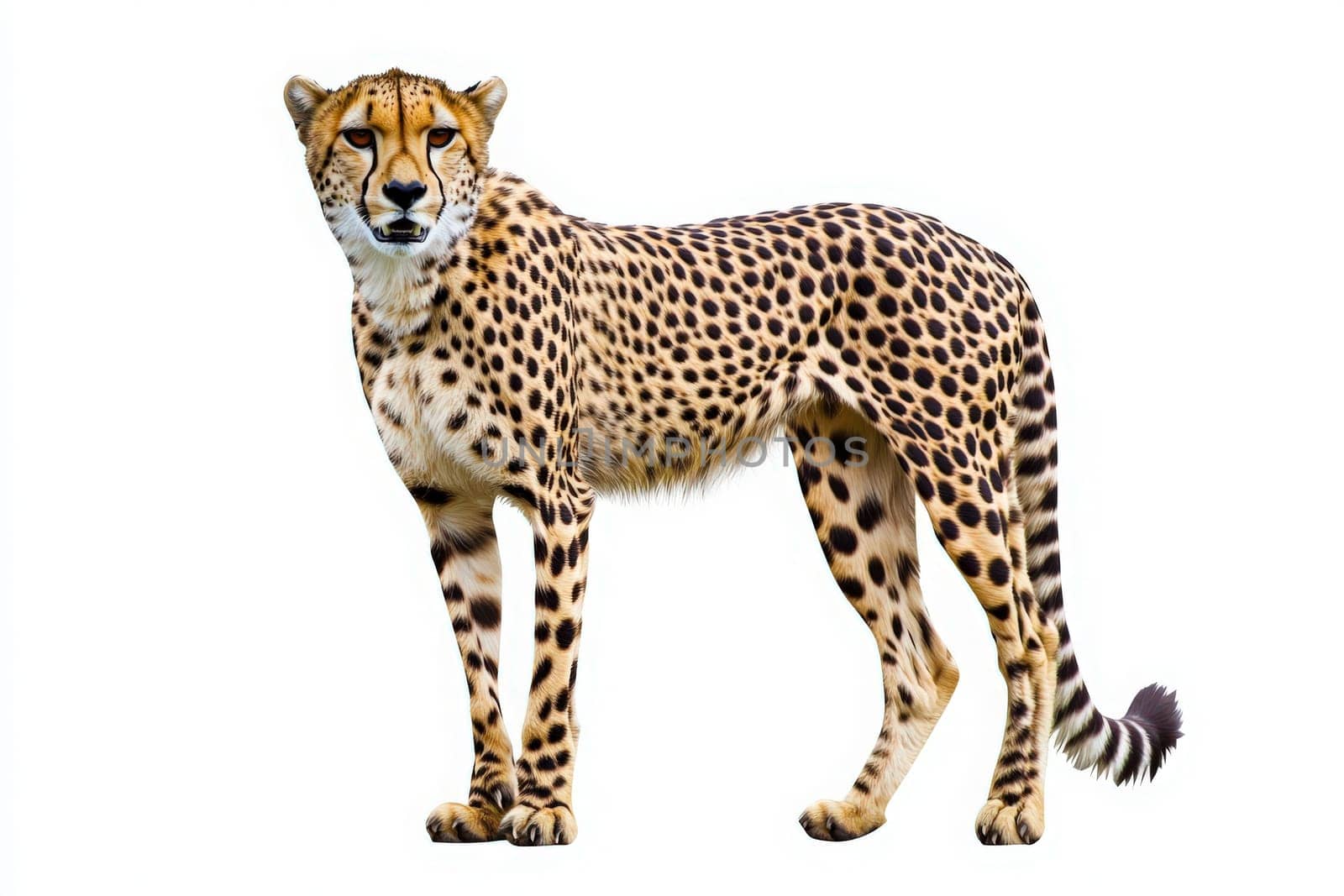 A cheetah stands isolated in the center, showcasing its sleek body and unique spotted coat. The animal appears alert and majestic, emphasizing its agility and grace in a tranquil setting.