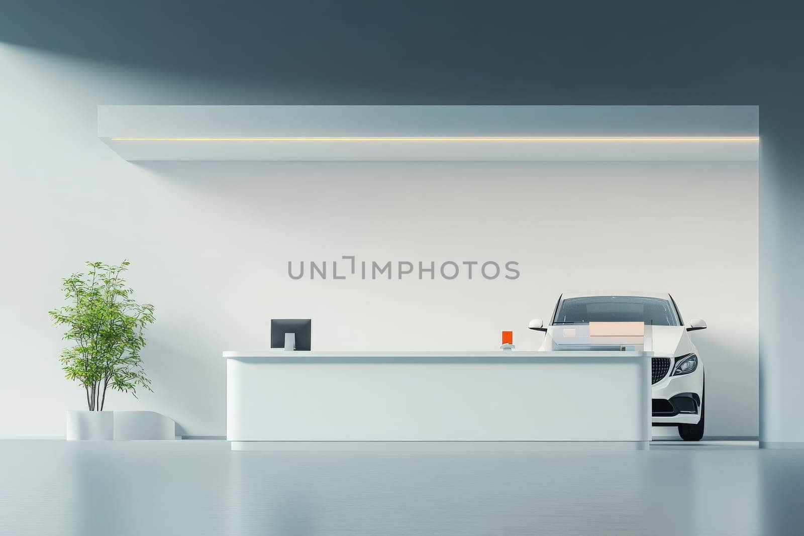 A sleek car rental counter showcases a modern, minimalist design. The clean space features greenery, a car on display, and a streamlined check-in area, perfect for enhancing customer experience.