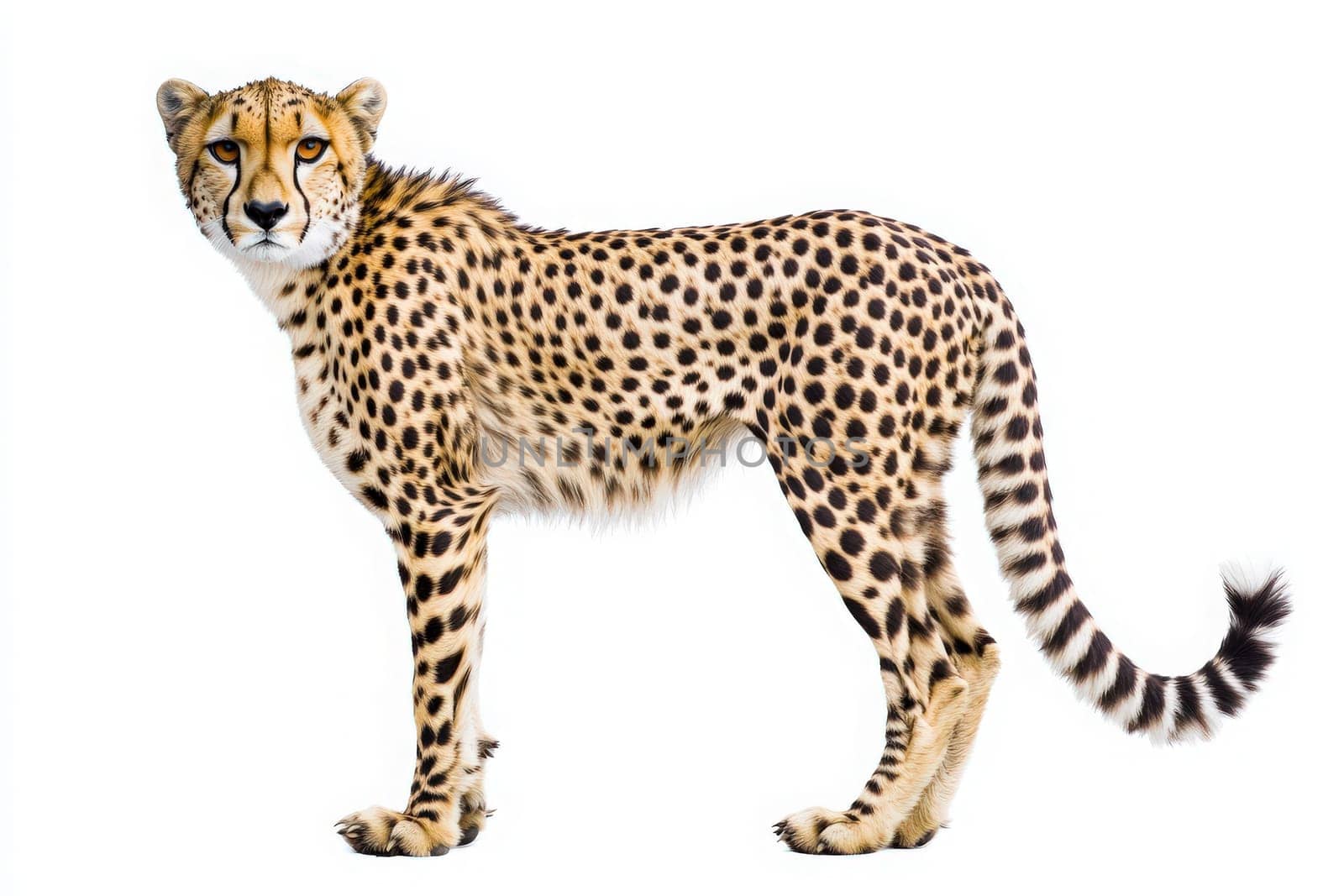The cheetah stands proudly, illustrating its powerful build and distinctive spots. Its attentive gaze captures the essence of this elegant predator in a clear setting.