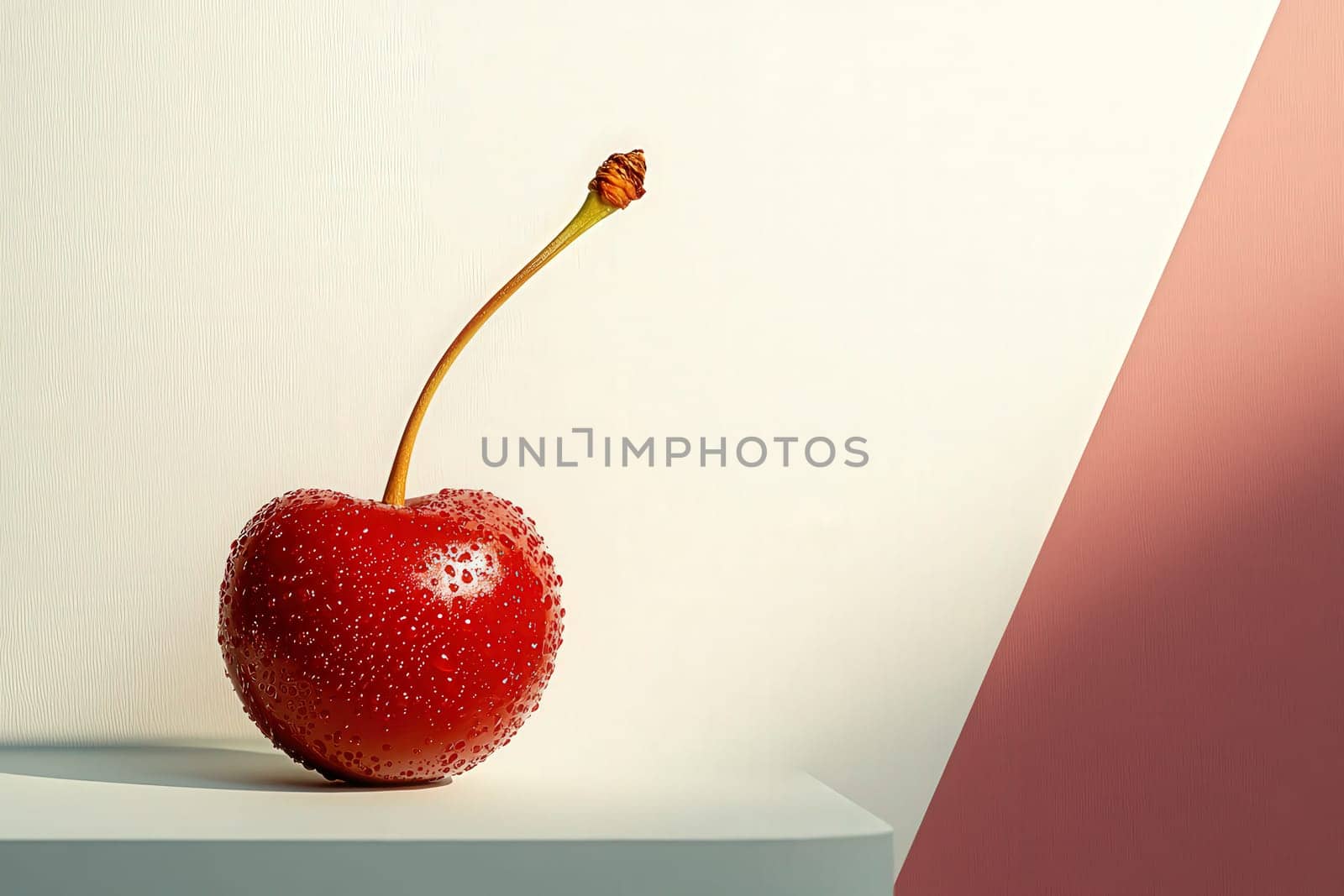 A single red cherry glistens with droplets, resting on a clean, simple surface. Its bright colors contrast beautifully with the minimalist backdrop of soft geometric shapes.