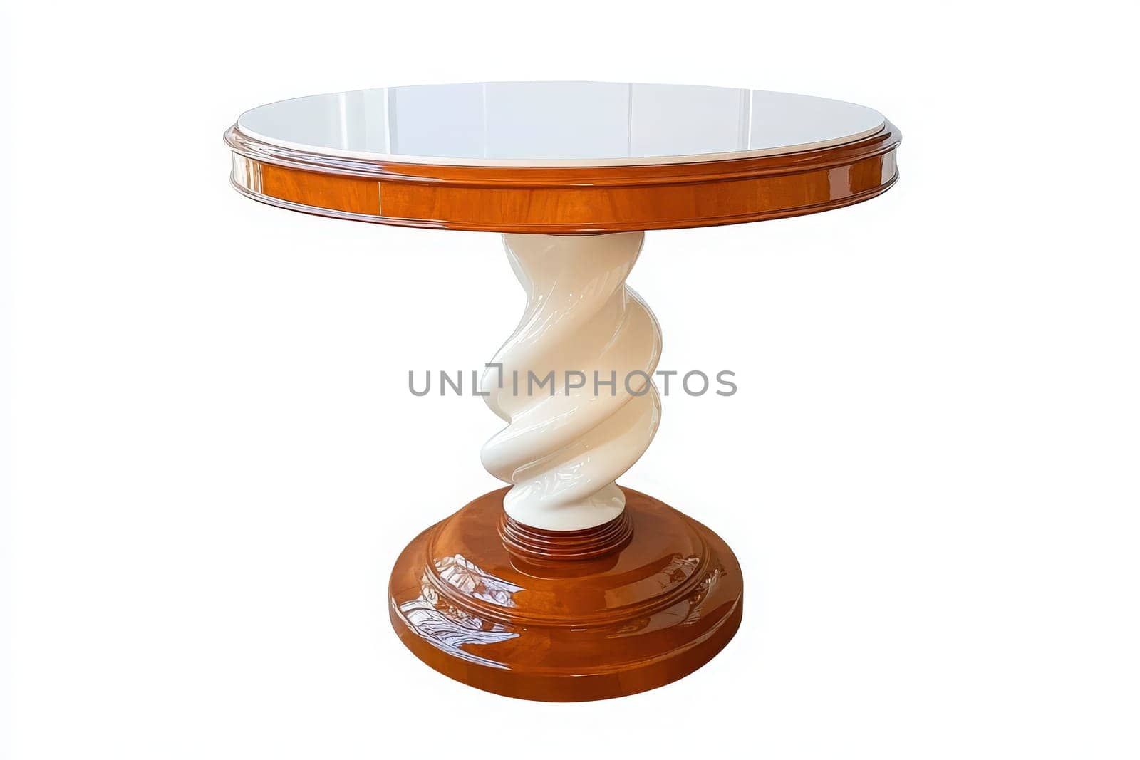 A chic side table featuring a twisted pedestal and a sleek round top stands alone in a contemporary space, highlighting its stylish design and modern aesthetics.