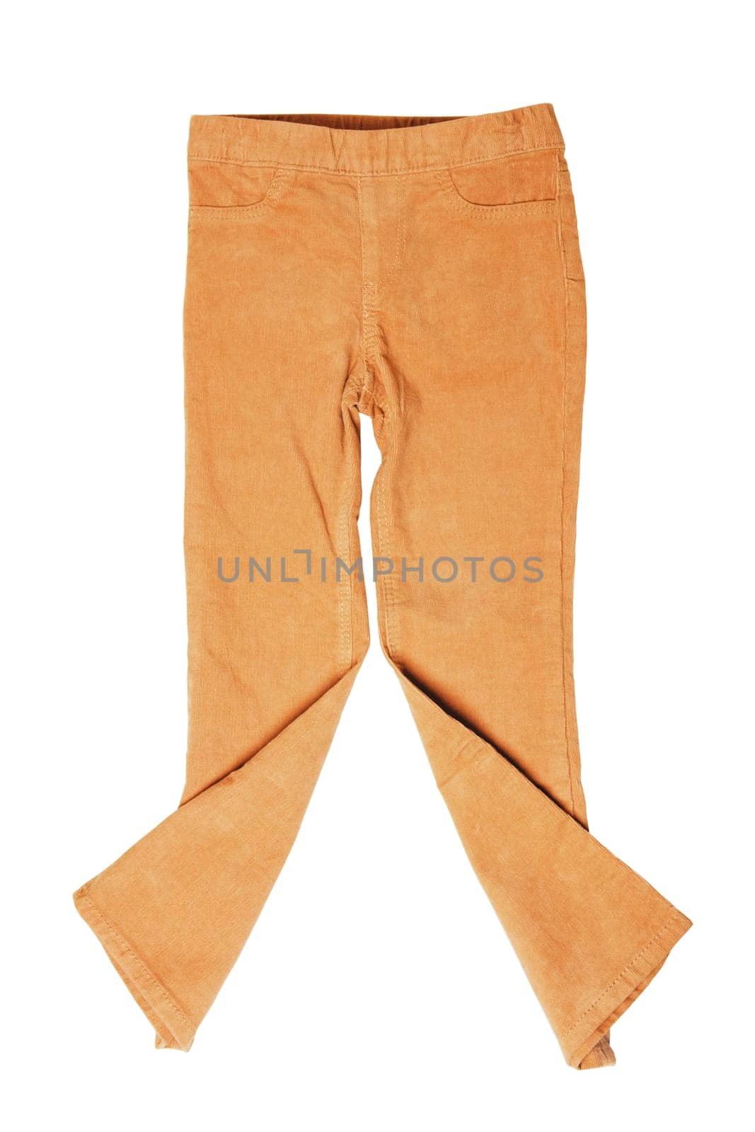 Women casual pants. Womans yellow jeans, corduroy trousers or jersey sweatpants isolated on a white background. Clipping path. Jogging outfit for workout.