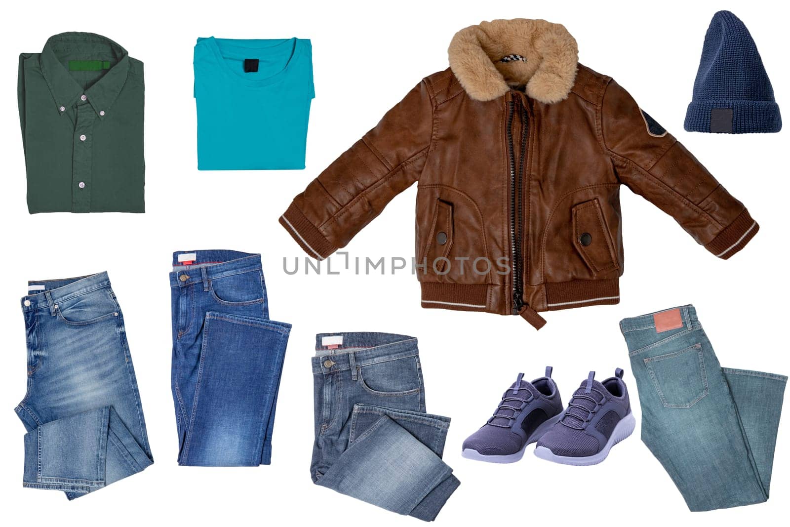 Collage set of male stylish clothes on white. Various trendy stylish blue denim stretch pants. Mens outfit. Jeans fashion for man. Leather jacket, hat, cap and accessories.