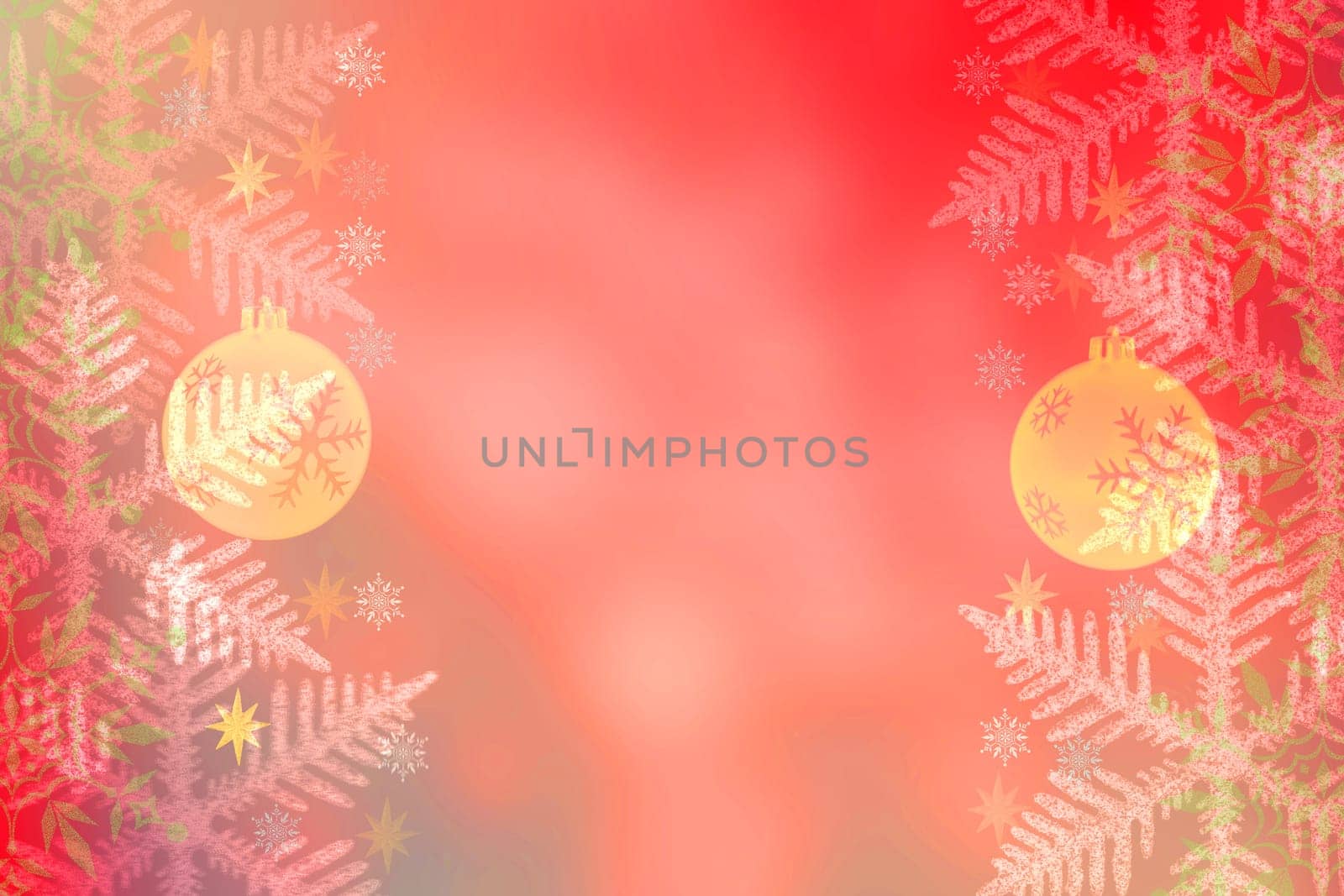 Abstract blurred festive evening winter Christmas background with shiny golden and yellow white bokeh illuminated snowy landscape with stars, baubbels. Card design.