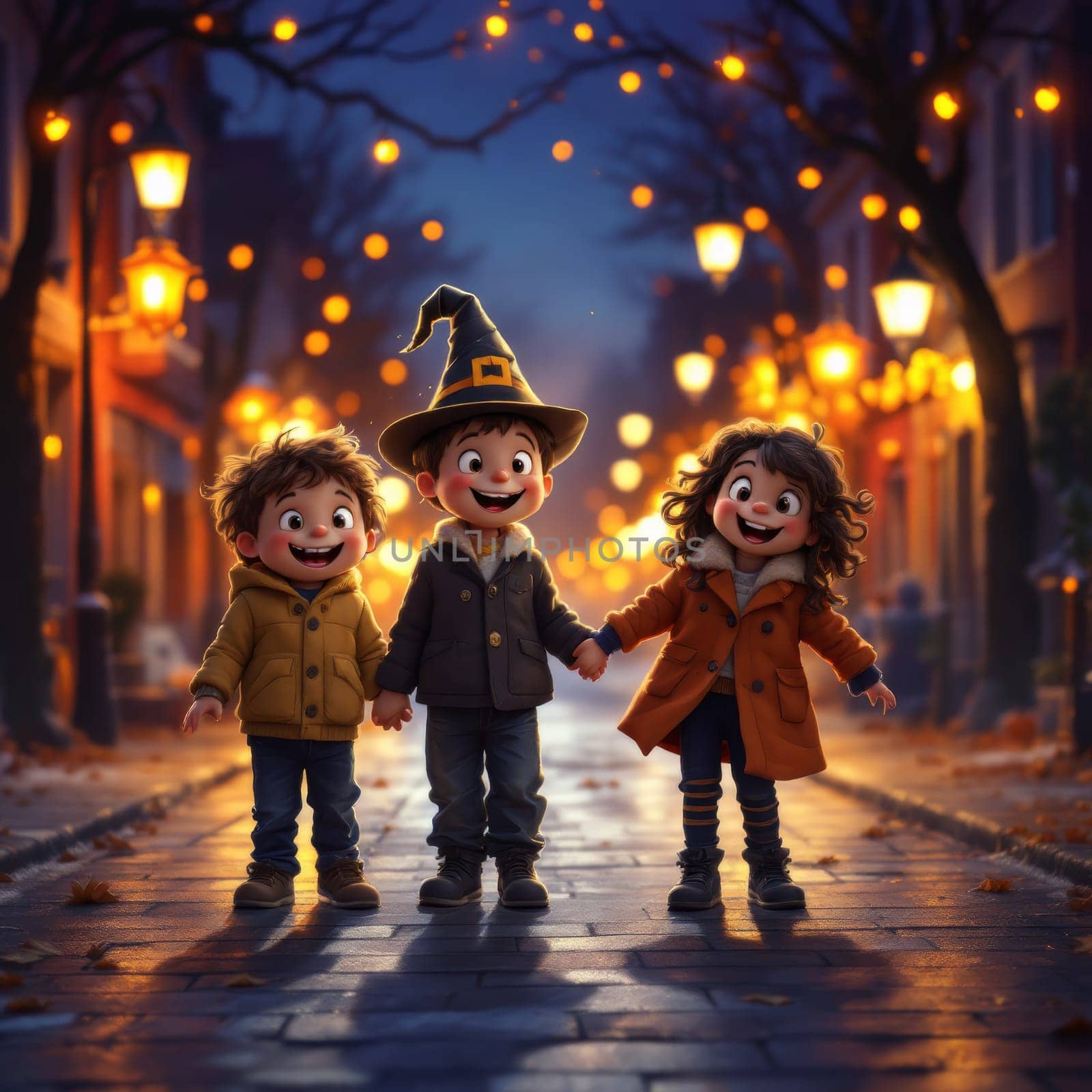 Three cheerful children in Halloween costumes hold hands, surrounded by glowing streetlights and festive decorations.